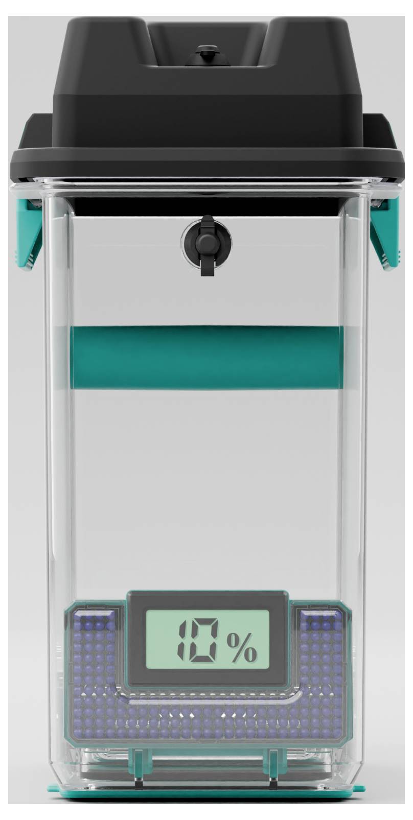 Transparante container met digitale weergave van '10%'. Hij heeft een zwarte deksel en groene elementen.