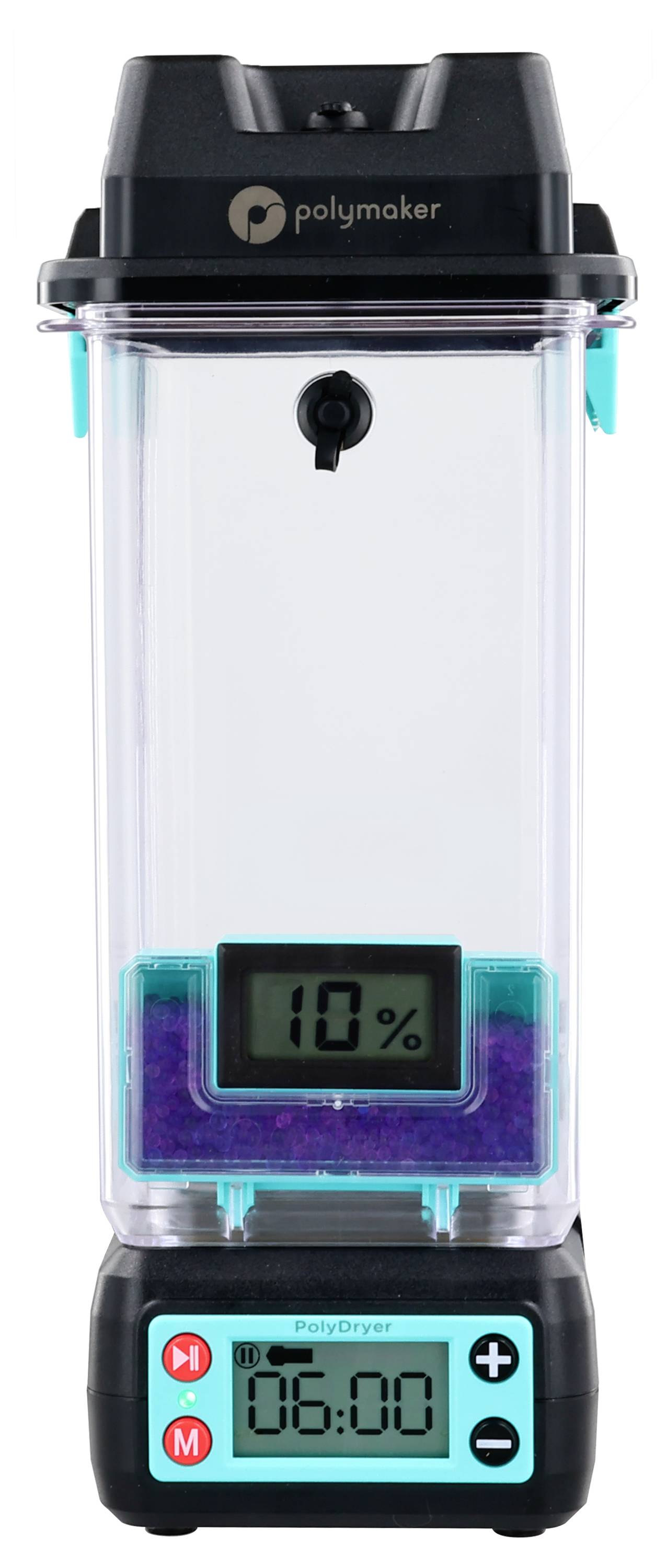 Een transparante container met een digitaal display toont '10%'. Onderaan een ander display met een timer op '06:00'.