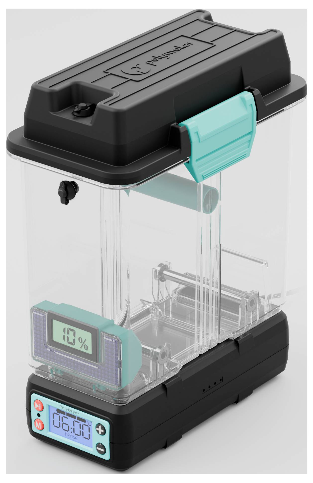 Een transparante container met digitale displays toont '10%' en '00:00' aan. Boven en onder bevinden zich zwarte en turquoise componenten.