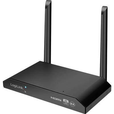 Een zwart LogiLink HDMI-apparaat met twee antennes en LED's op de voorkant, geschikt voor 4K UHD-ontvangst.