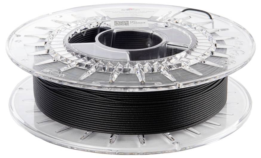 Zwarte filamentrol voor 3D-printer, op transparante plastic spoelkern, zijaanzicht.