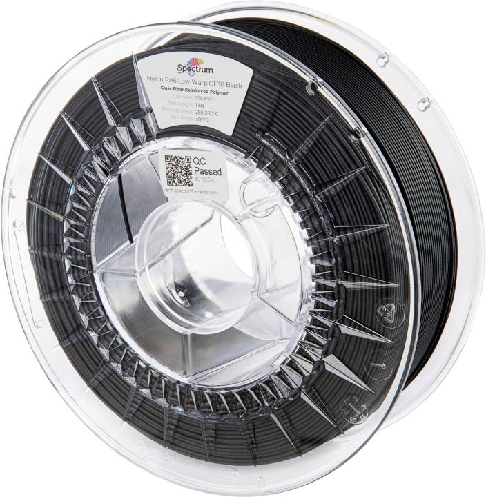Een spoel van zwart Nylon-PA6 Low Warp CF30-filament van Spectrum voor 3D-printers, geschikt voor temperaturen van 250-280°C.