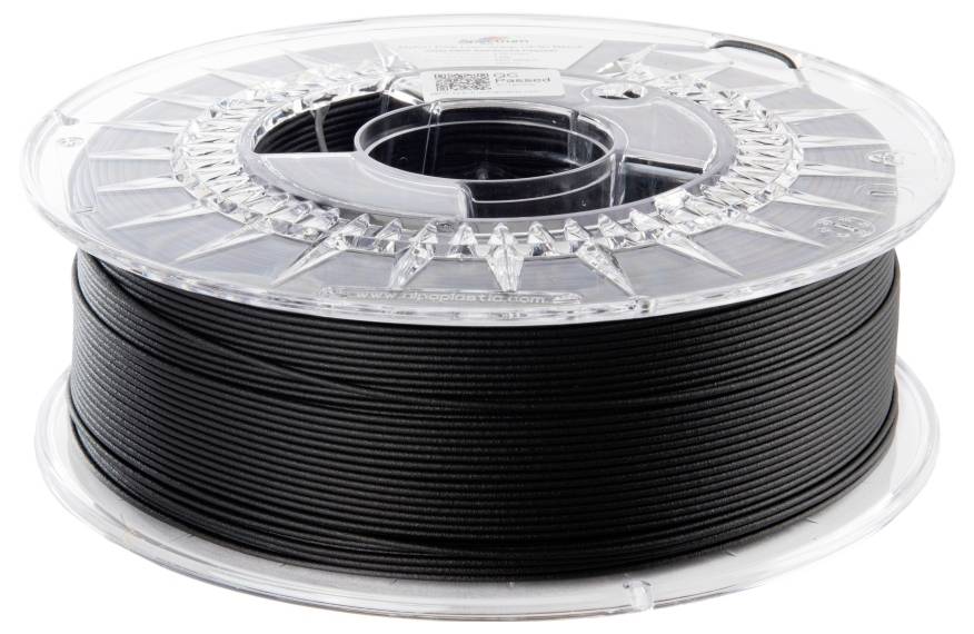 Een spoel met zwart 3D-printer-filament, opgewonden op een transparante kunststofrol.