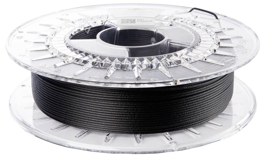 Een transparante spoel met zwart 3D-printer-filament.
