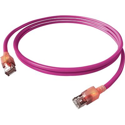 Een roze Ethernet-kabel met twee stekkers, oplichtend aan de uiteinden.