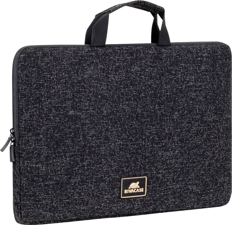 Zwarte laptop beschermhoes met grijze patronen en draaggreep, merkenlogo 'RIVACASE' onderaan.