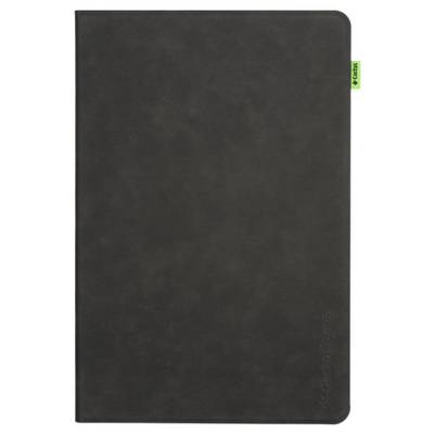 Een elegant zwart tablet-etui met een glad oppervlak en een kleine groene lipje aan de zijkant.