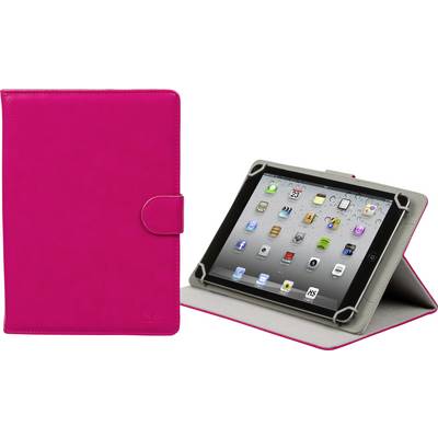 Roze tablethoesje met opvouwbare standaard, toont een iPad met apps op het scherm, ideaal voor veilig transport en gebruik.