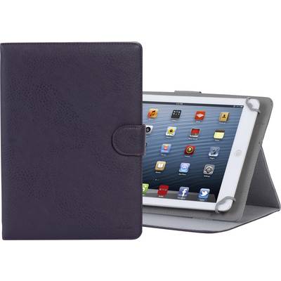 Tablet in een leren-achtige hoes, rechtop in een standaard. De hoes is aan de voorkant gesloten, aan de achterkant is het tabletscherm met app-symbolen zichtbaar.