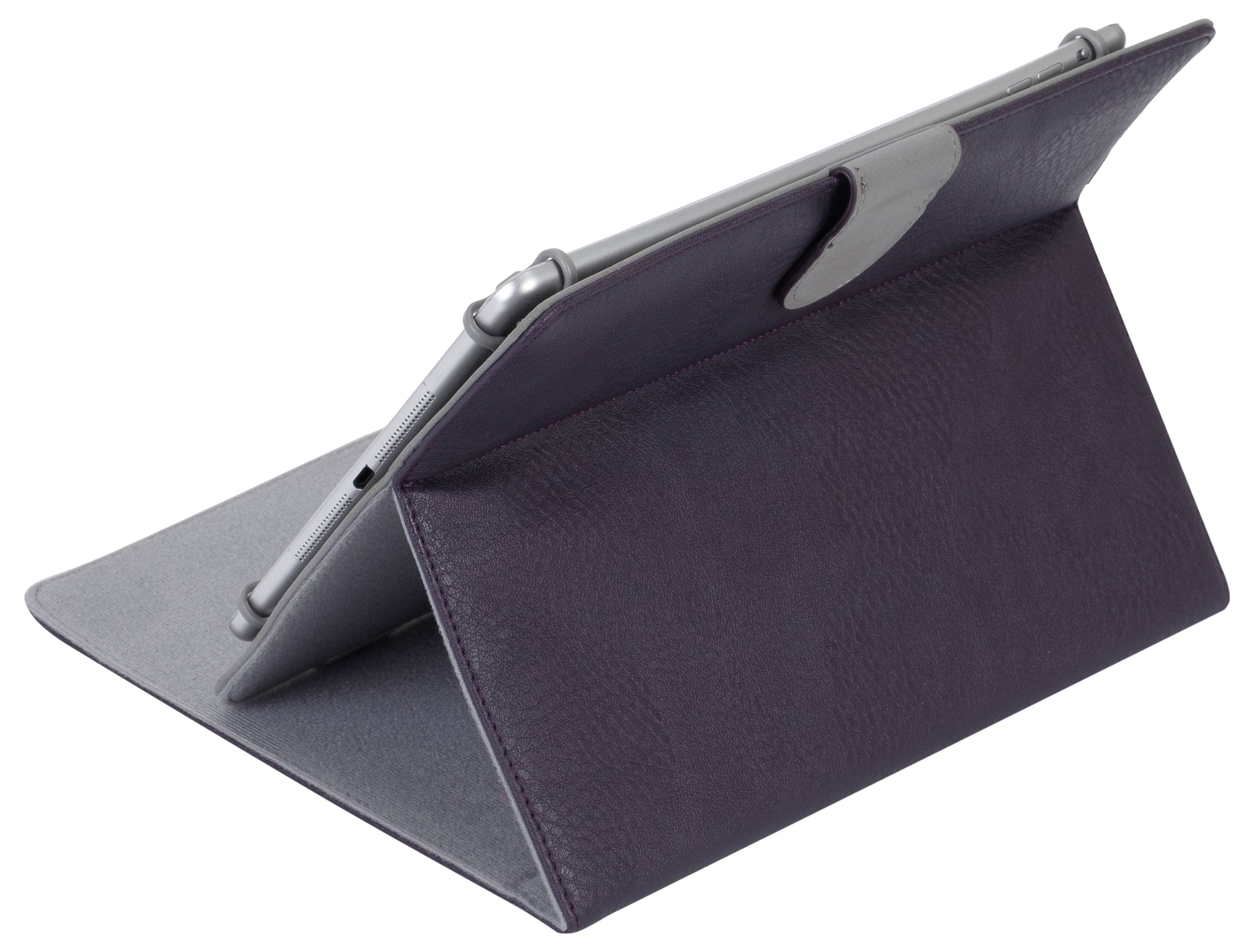 Een tablet in een donkere beschermhoes staat in liggende modus op een tafel, licht schuin gepositioneerd voor een comfortabele kijkhoek.