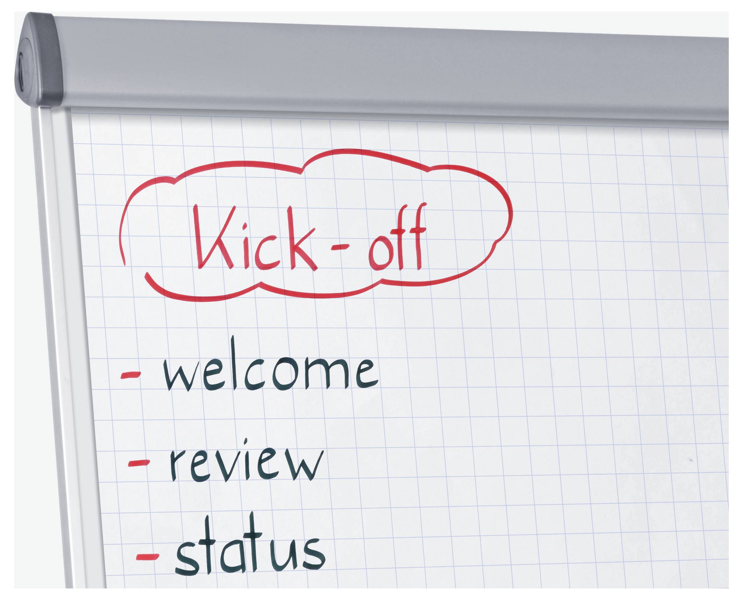 Flipover-pagina met titel 'Kick-off' met opsommingspunten 'welkom', 'beoordeling' en 'status'
