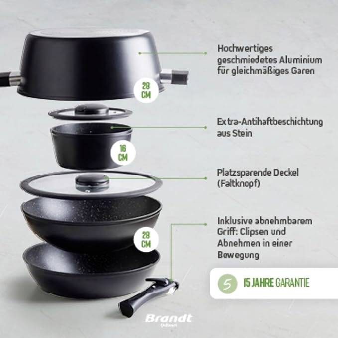 Hoogwaardig kookpannenset van aluminium met antiaanbaklaag en 15 jaar garantie van Brandt. Bevat drie onderdelen (28cm, 16cm) en een afneembare steel.