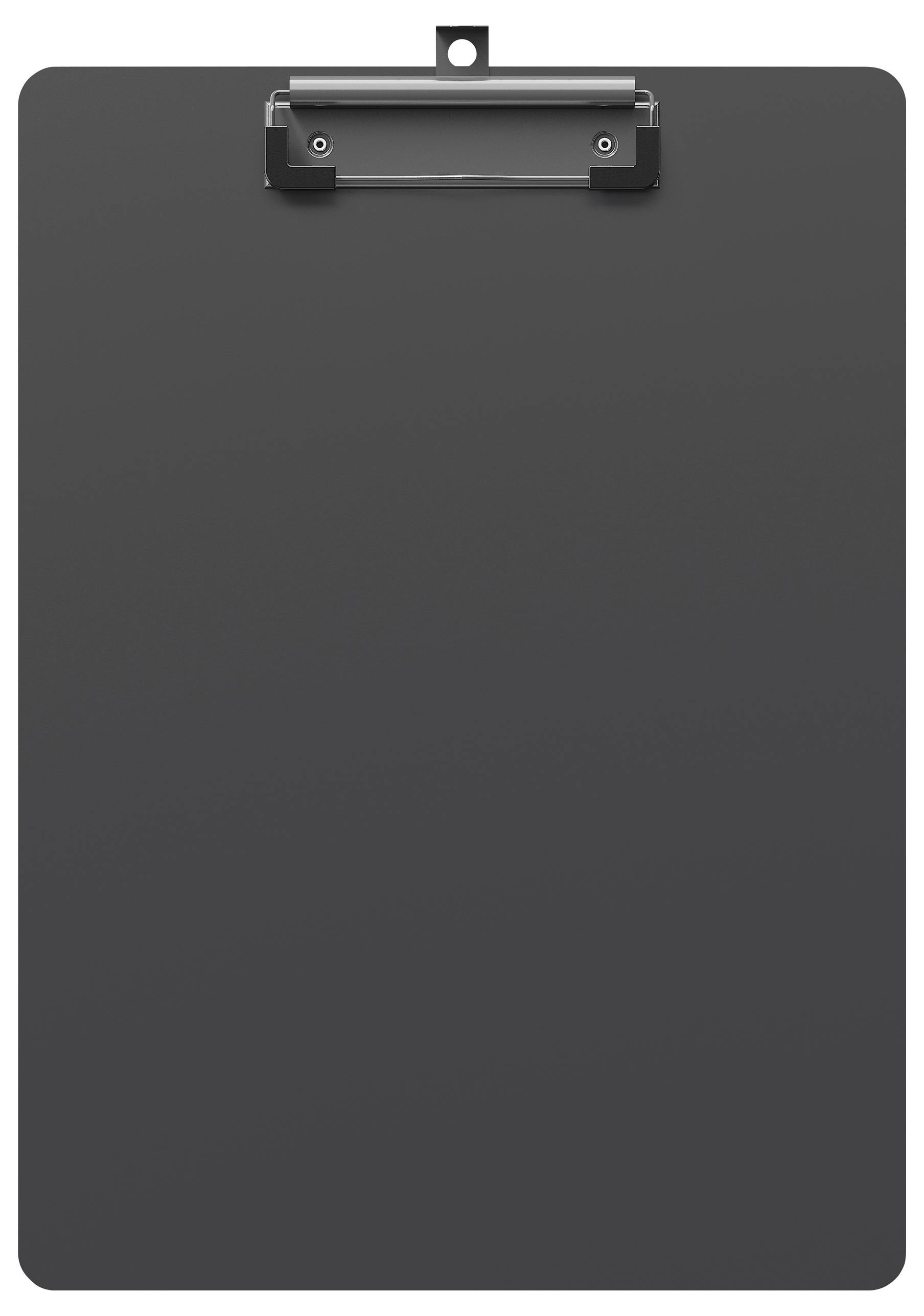 Een zwarte klembord met een metalen klem bovenaan het midden, gebruikt om papieren of documenten op hun plaats te houden.