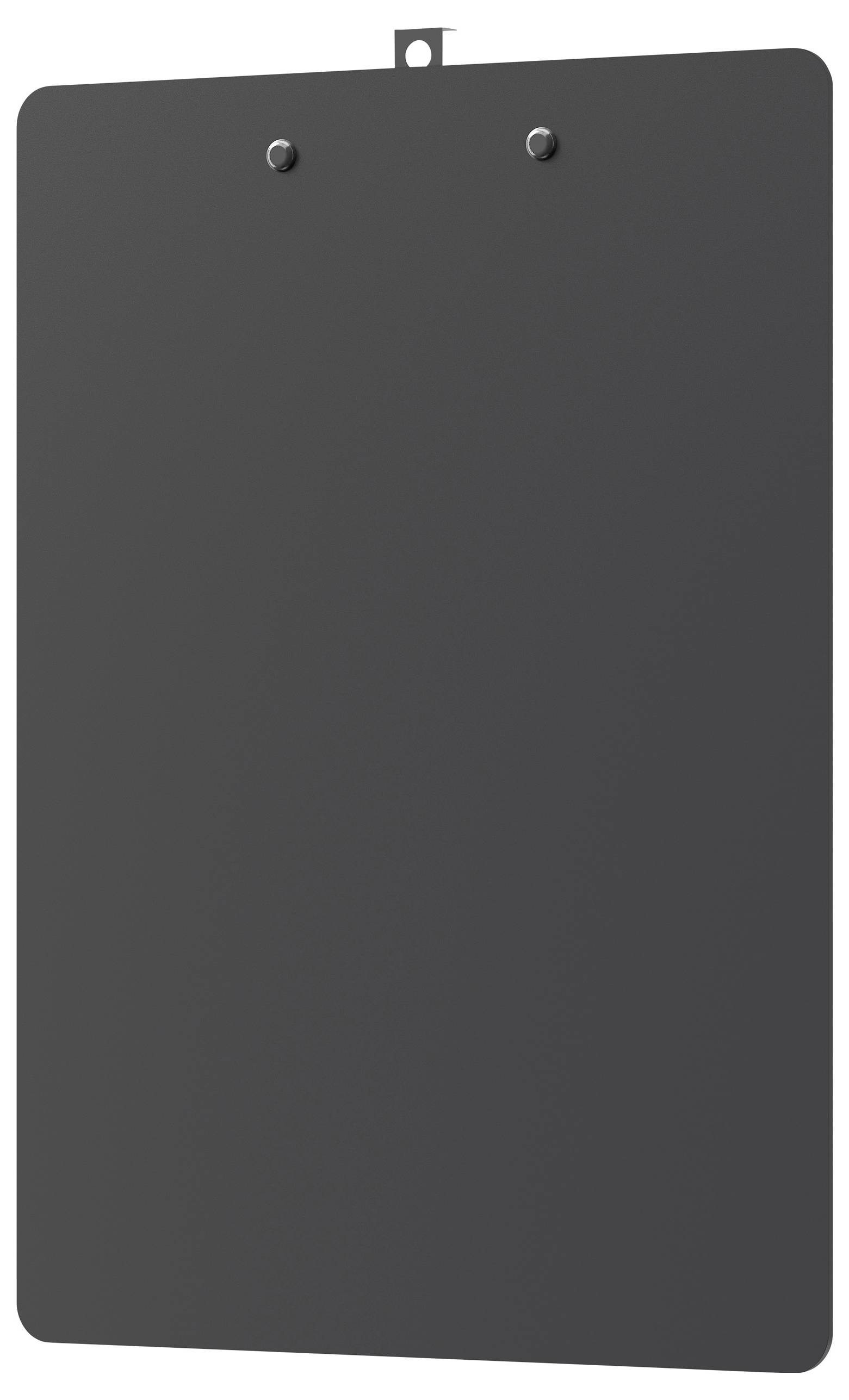 Een grijze klembord met twee metalen klemmen aan de bovenkant.