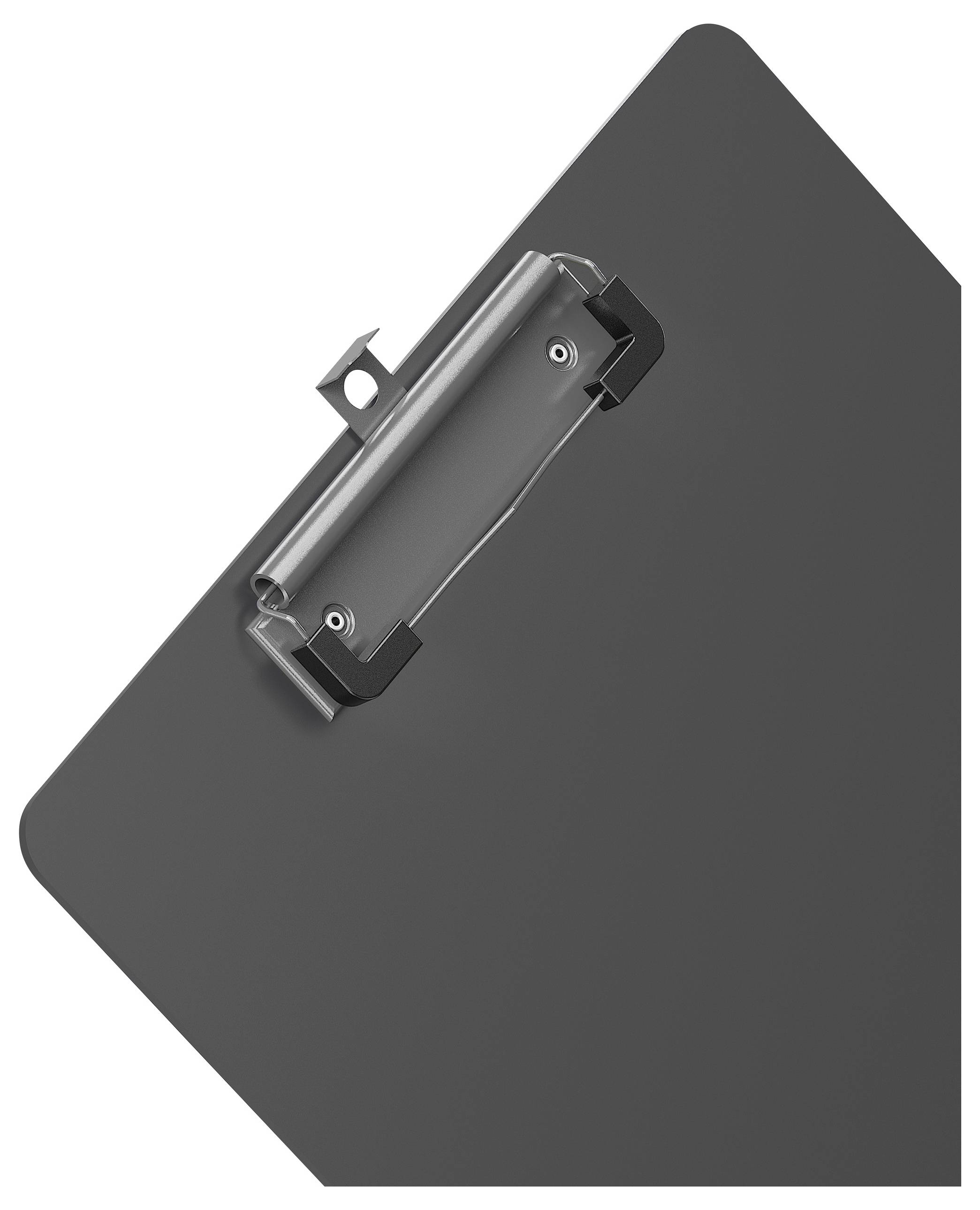 Een zwart klembord met een zilveren metalen clip, schuin geplaatst tegen een witte achtergrond.