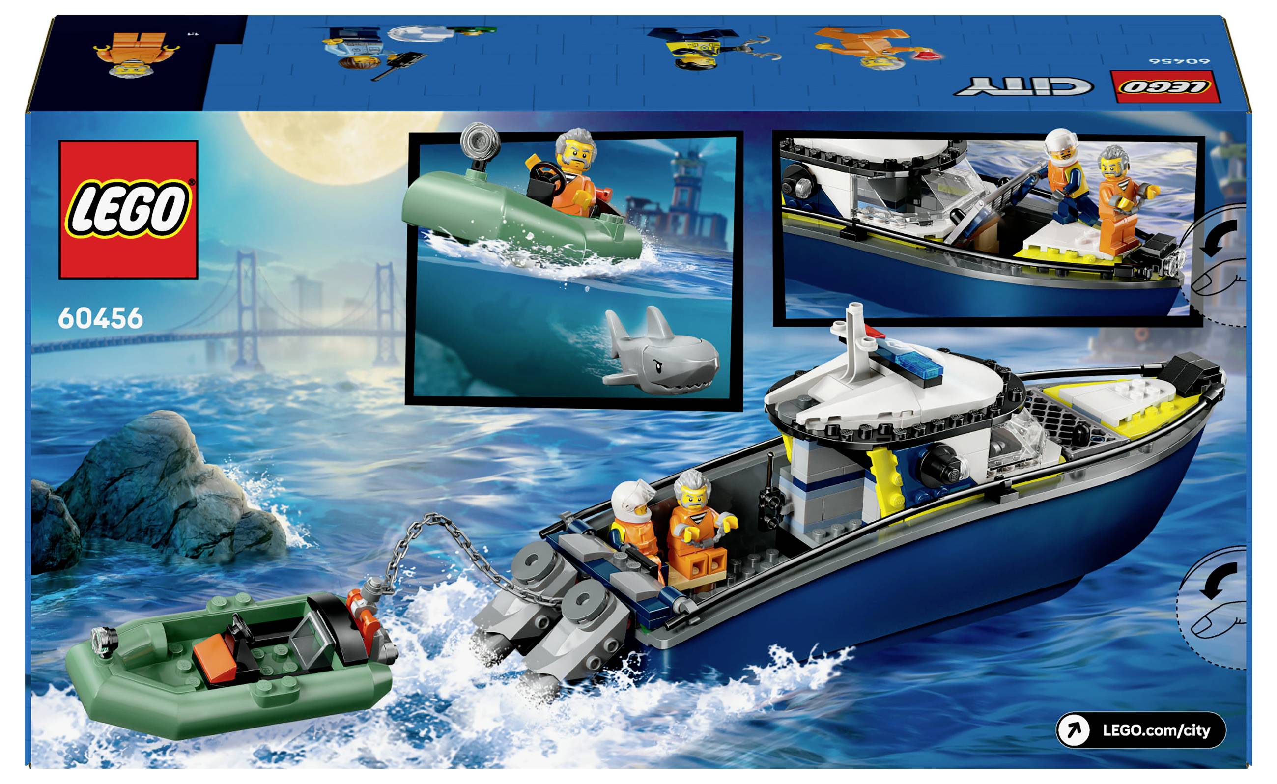 Lego City bouwset met patrouilleboot en rubberboot, figuren van twee bouwvakkers en een haai.