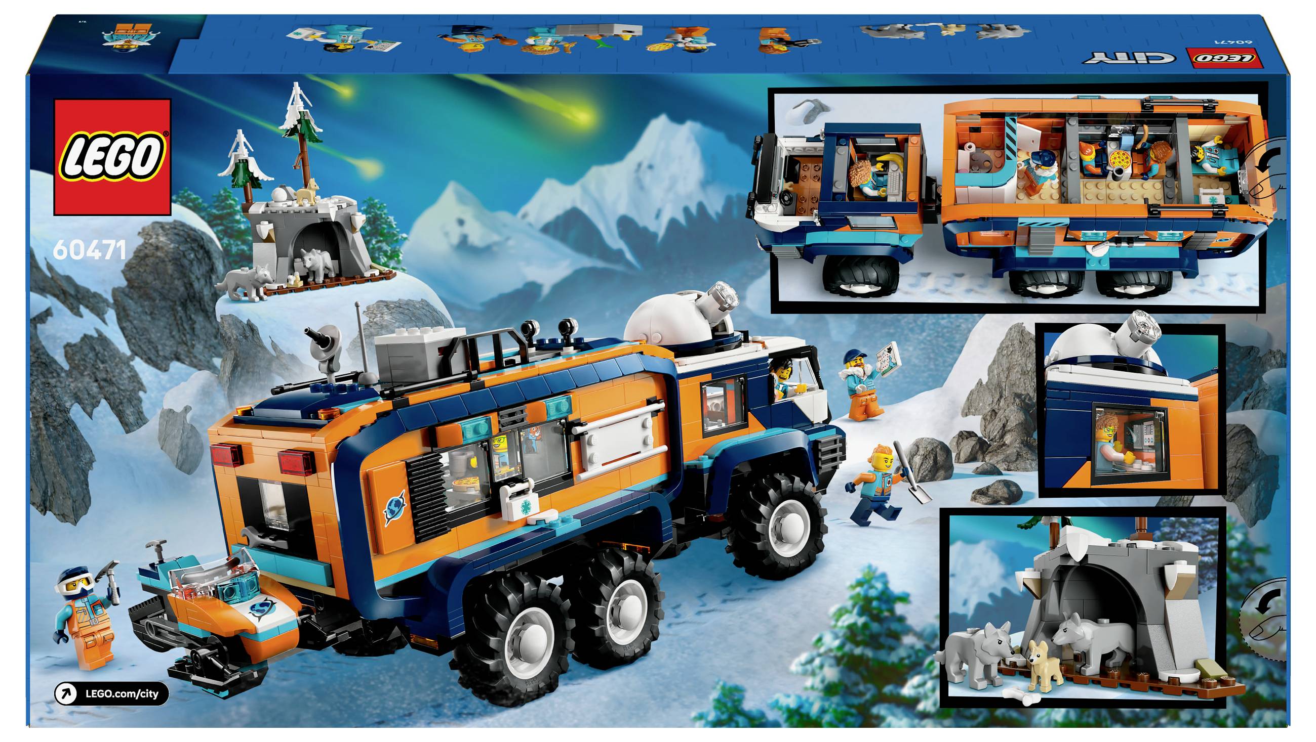 Lego-set 'Arctisch Vrachtvliegtuig' met voertuig, figuren en ijsberen. Achtergrond toont besneeuwde berglandschap en grot.