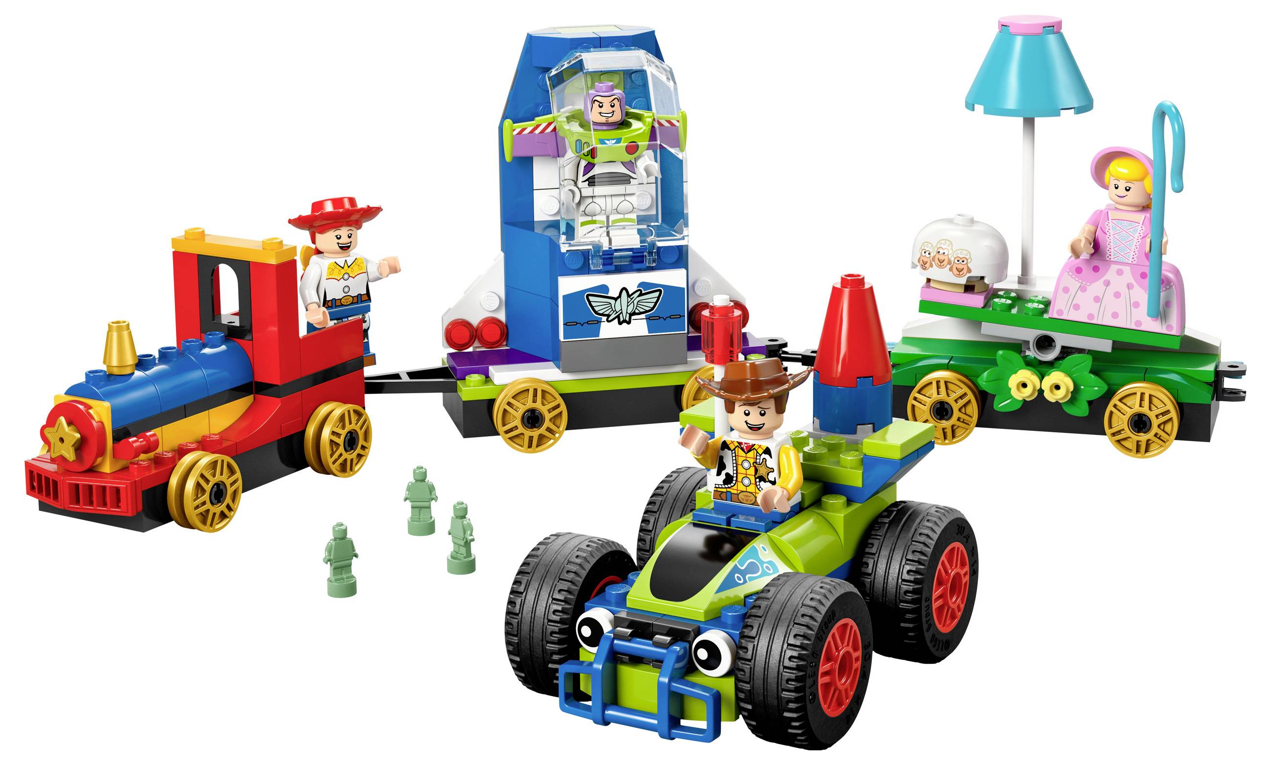 Speelgoedtrein en auto met figuren. Figuren zoals cowboy, astronaut, schaapherder en schapen. Bevat kleurrijke, kindvriendelijke details.