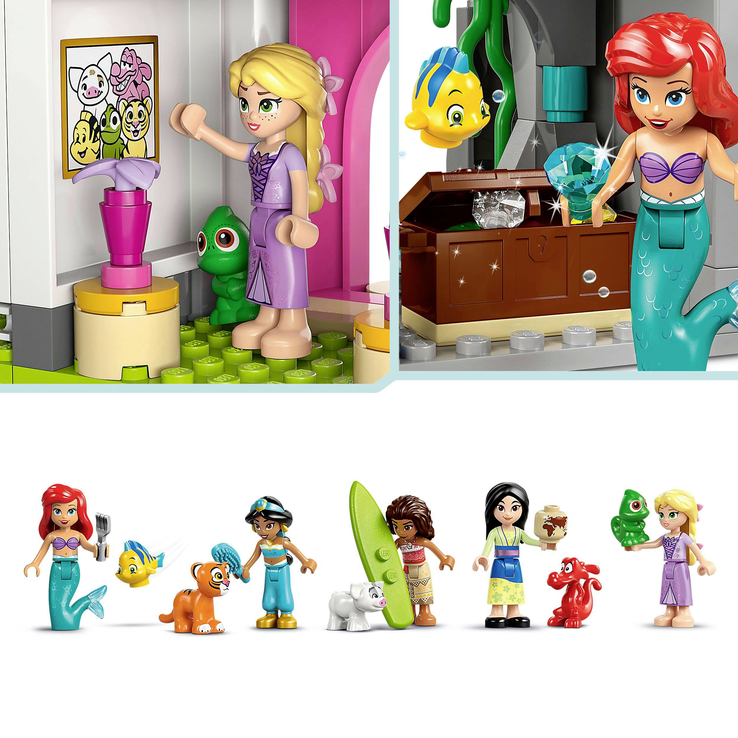 Twee LEGO-sets: links een figuur die schildert, rechts een onderwaterwereld met zeemeermin. Onderaan staan meerdere LEGO-figuren op een rij.