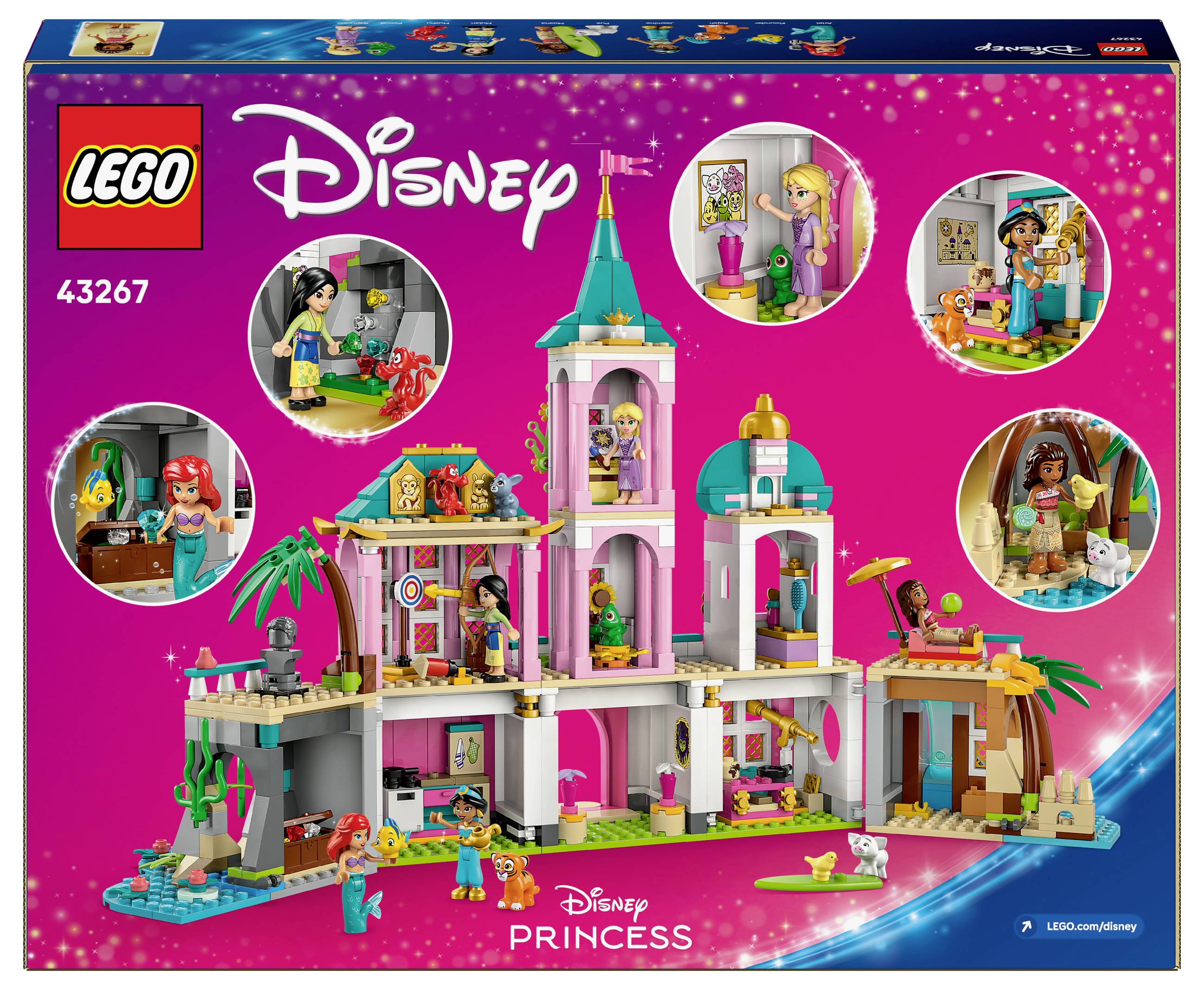 LEGO Disney Princess Kasteel-Set 43267. Bevat speelfiguren van Disney-prinsessen en een kleurrijk kasteel met meerdere kamers.