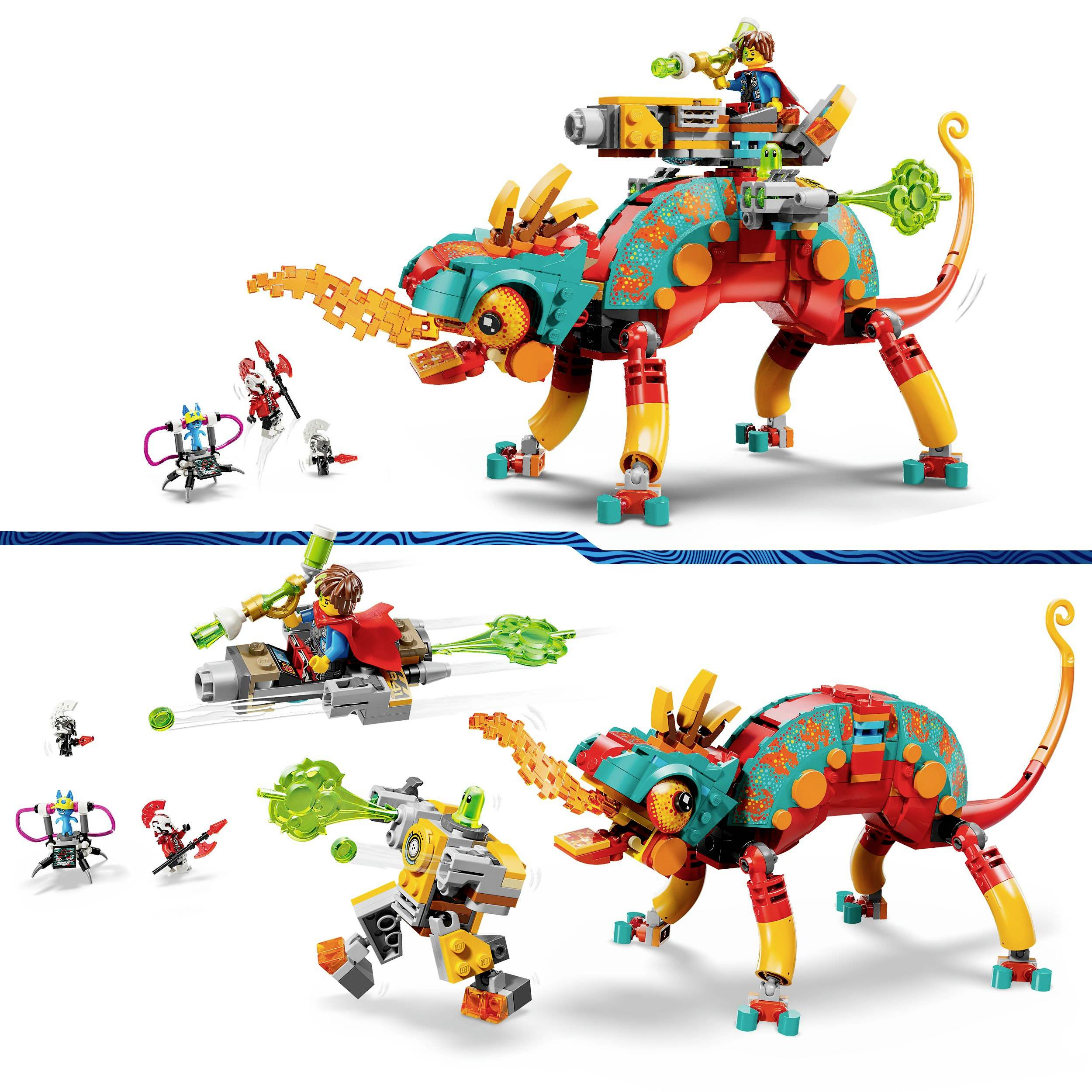 Een kleurrijke LEGO-robot-dinosaurus-set. Hoofdkenmerken zijn een rijdende dino met wapens en een minifiguur. Geschikt voor speelavonturen.