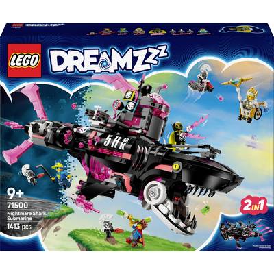 LEGO Set 'Dreamzzz Nachtmerrie Haai Onderzeeër' met 1413 onderdelen, aanbevolen vanaf 9 jaar. Afbeelding van de bouwstenen en figuren op de verpakking.