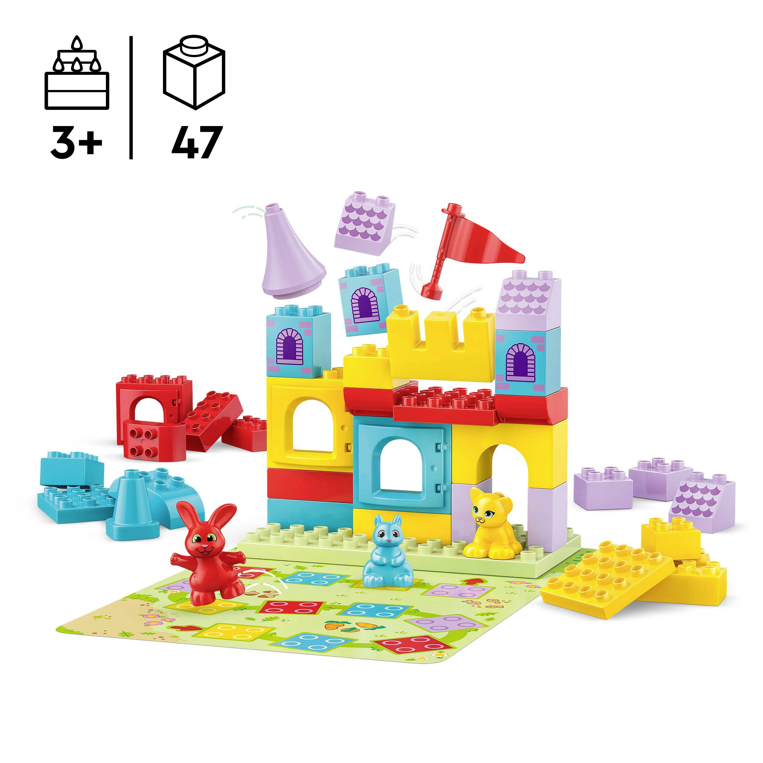 Kleurrijke bouwset voor kinderen vanaf 3 jaar met 47 bouwdelen, inclusief figuren en bouwplaat. Stimuleert creativiteit en motoriek.