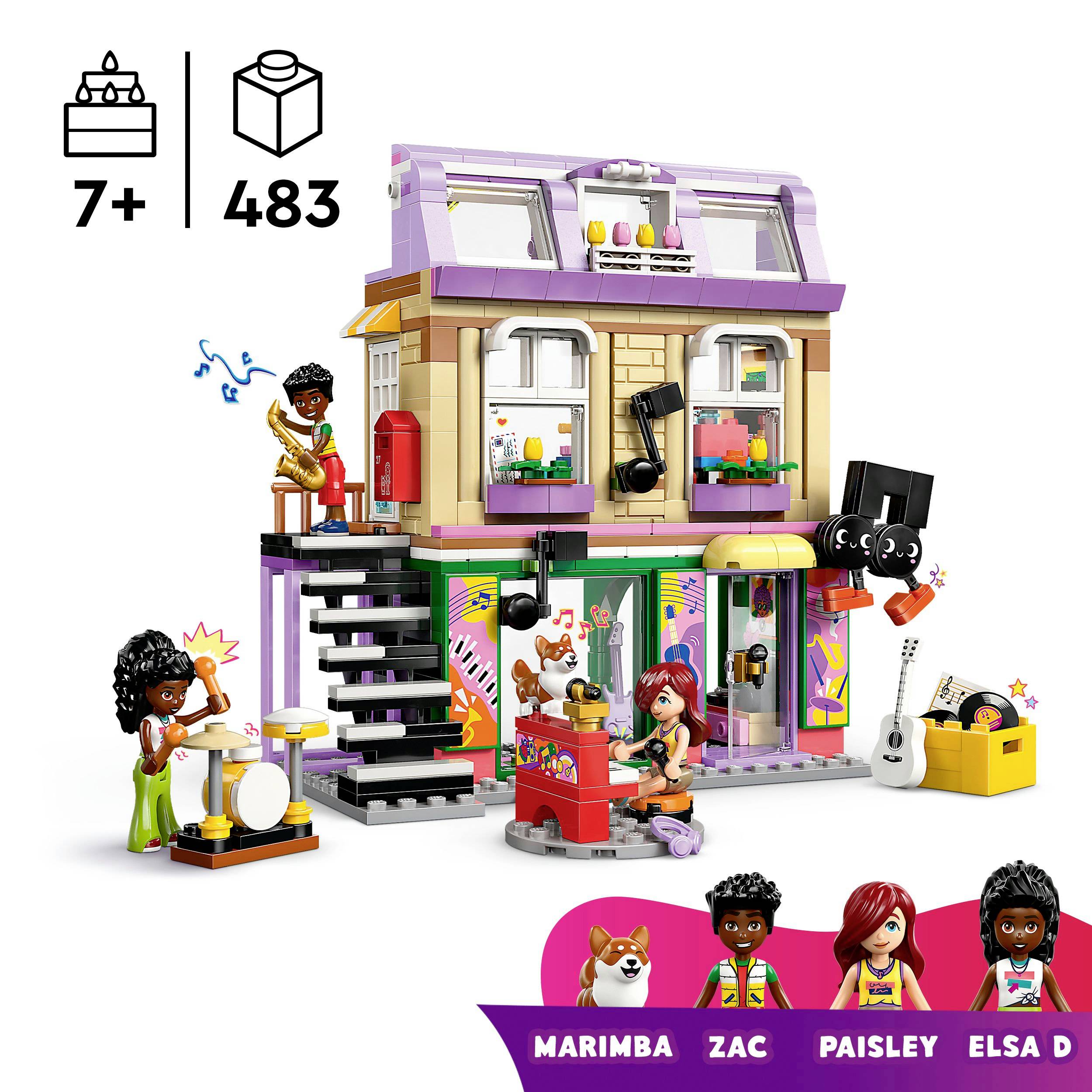 LEGO-speelset voor kinderen vanaf 7 jaar met 483 onderdelen. Bevat een gebouw van twee verdiepingen, minifiguren met muziekinstrumenten en accessoires.