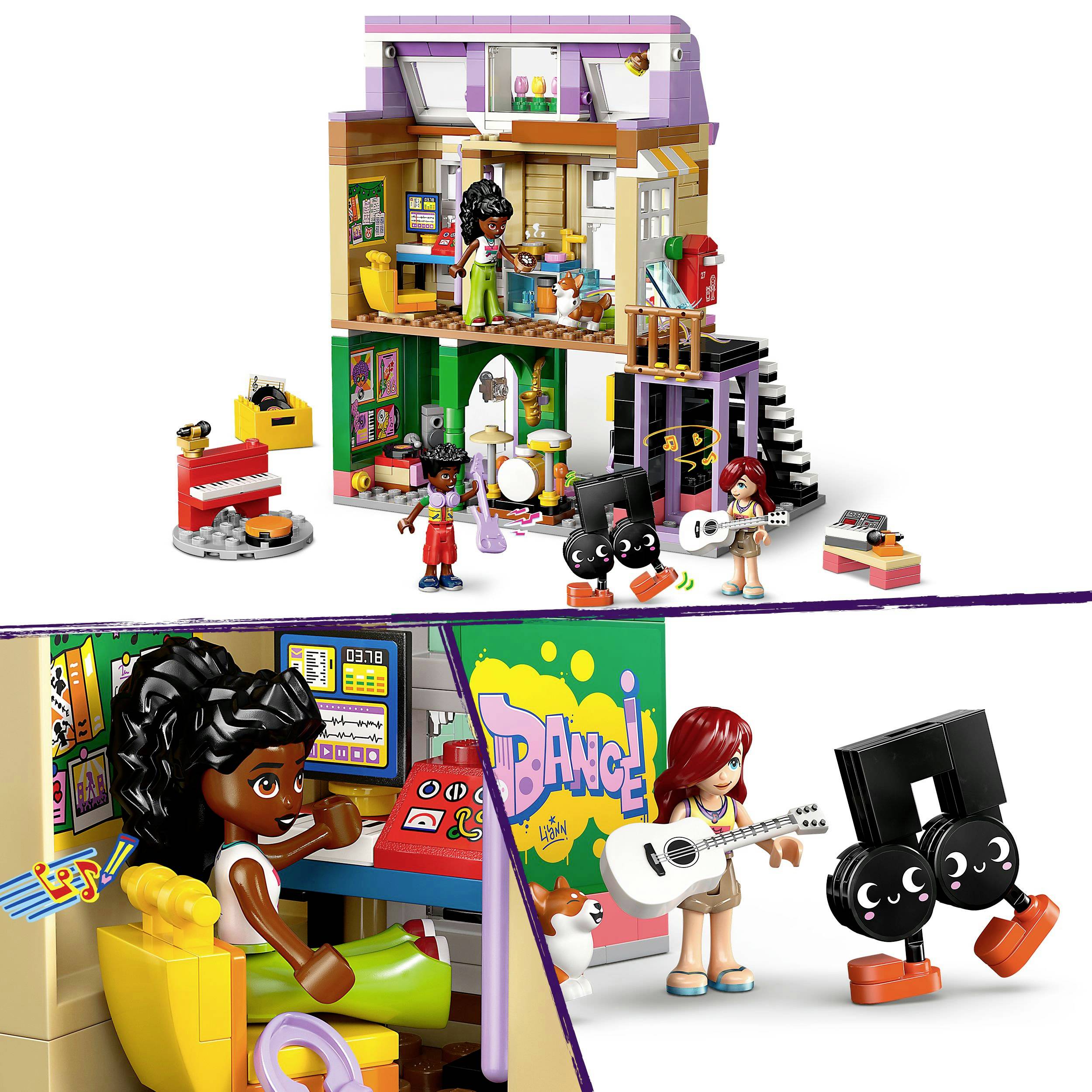 Een kleurrijke Lego-scène met een Lego-huis, figuren die spelen en musiceren. Binnenansicht toont een figuur aan de computer.