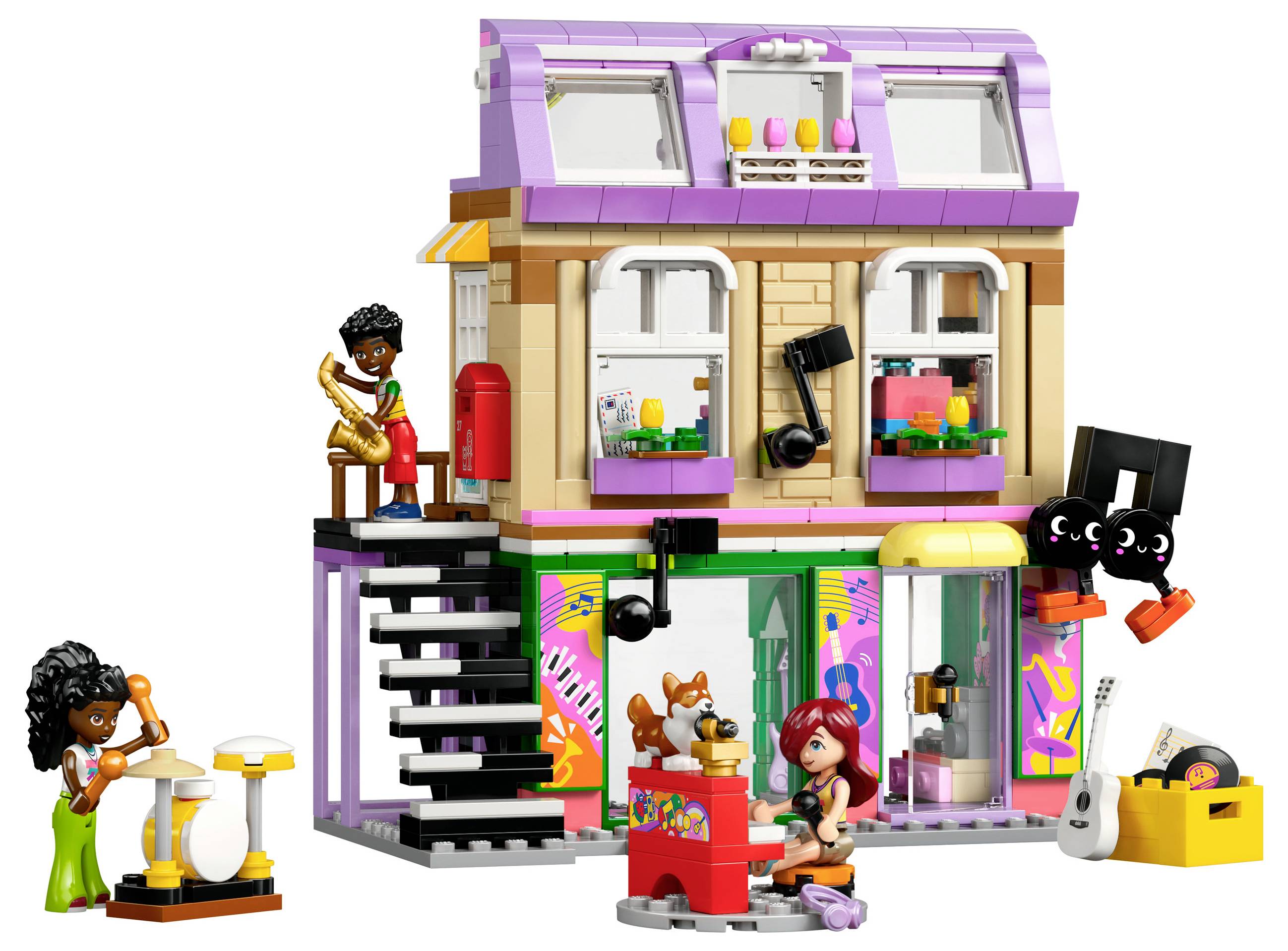 Een tweeverdiepings kleurrijk speelgoedhuis met figuren die musiceren en spelen. Een figuur speelt saxofoon, een andere beklimt een trap, terwijl andere figuren op de begane grond met elkaar omgaan.
