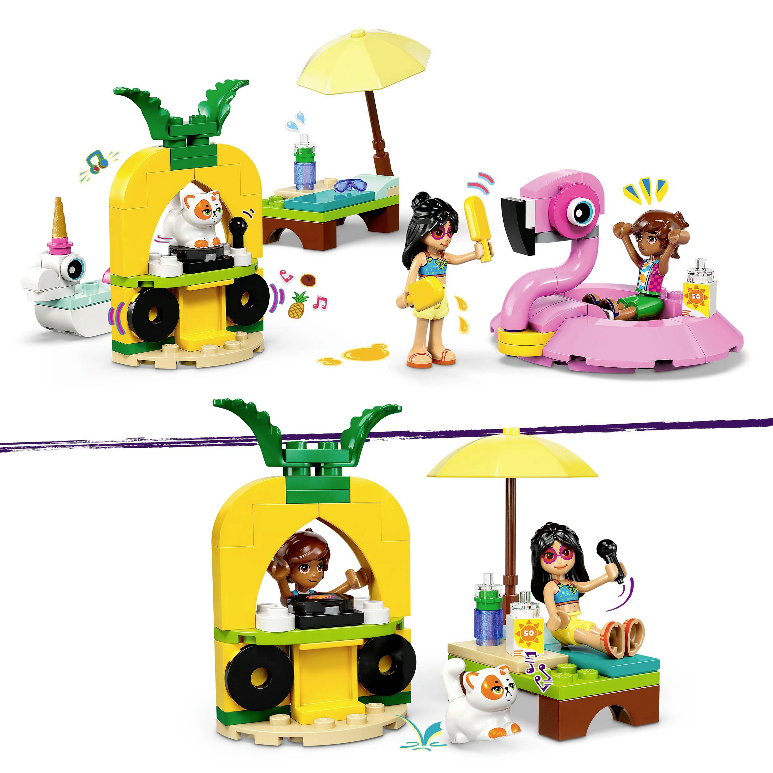 Een Lego-scène: Twee kinderen spelen met een roze flamingo-attractie en een strandbar met ananasversiering. Op de achtergrond een gele parasol.