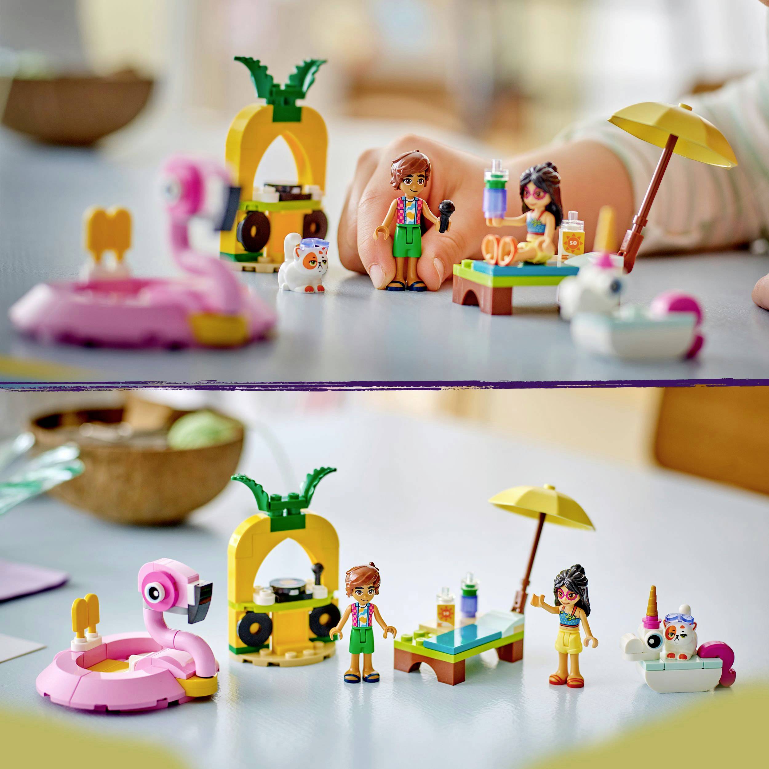 Speelgoedfiguren en -accessoires: Een man met drankje, een vrouw met parasol, een flamingo-zwemband en strandachtergrond.