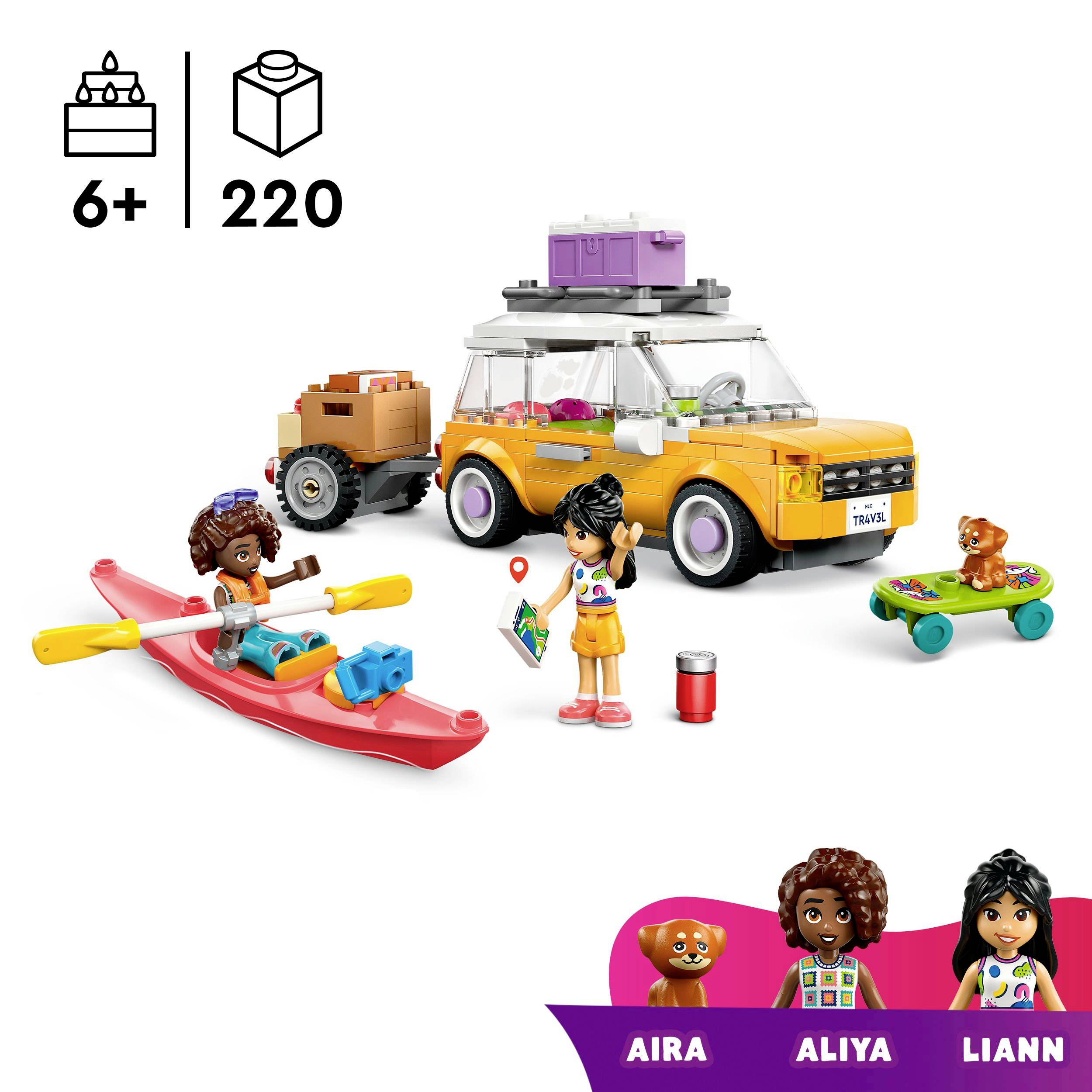 Speelgoed-bouwset: Vrouwen met auto, kajak en accessoires. Geschikt vanaf 6 jaar. Bevat 220 onderdelen. Bevat figuren Aira, Aliya en Liann.