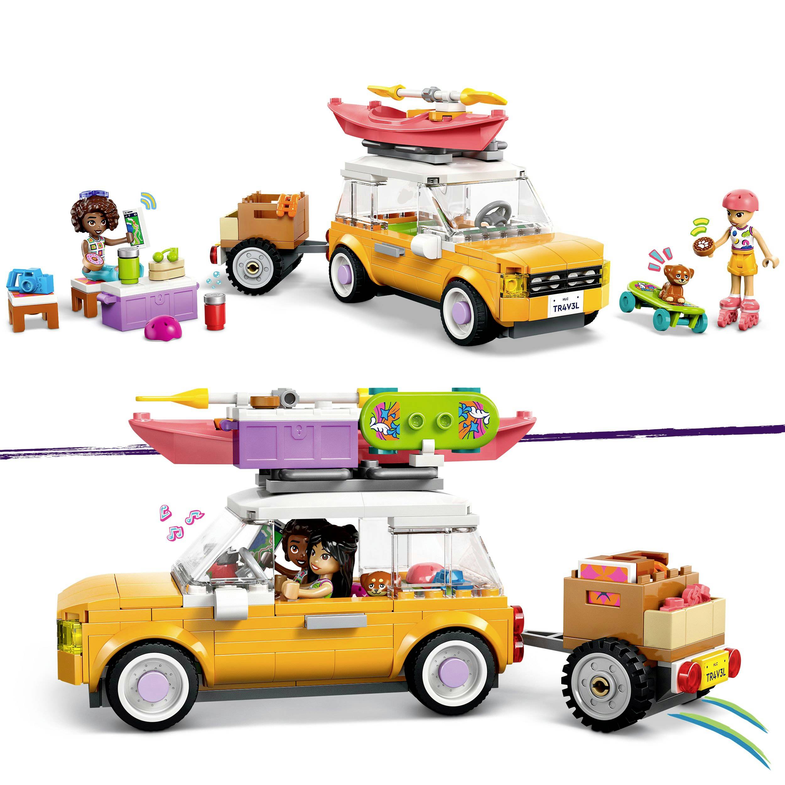 Speelgoedauto met surfplank op het dak, roze grille en aanhanger met accessoires. Twee speelfiguren en accessoires voor strandavonturen.
