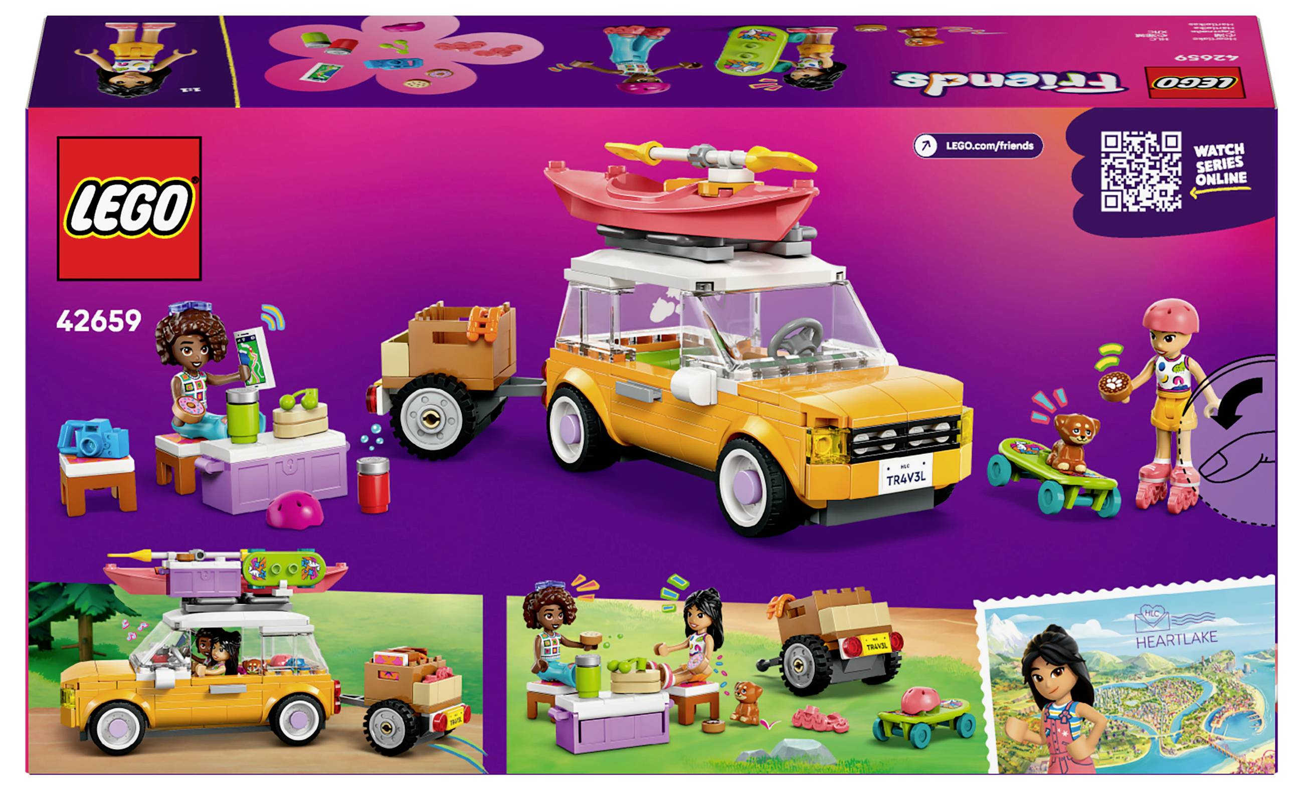 LEGO Friends Speelset 42659: Een oranje auto met surfplank op het dak, aanhanger, figuren en kampeerbenodigdheden.