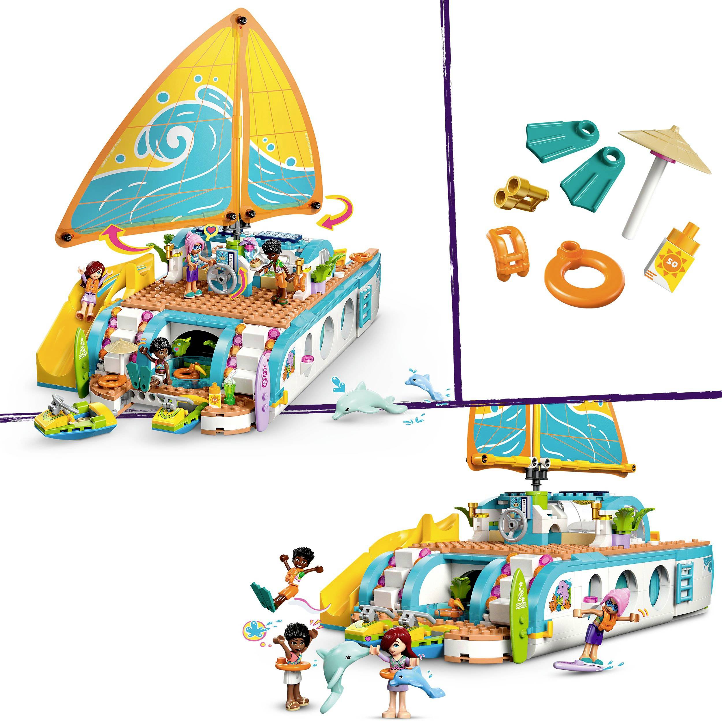 LEGO-speelset met zeilboot en figuren. Linksboven: boot van bovenaf met zeil. Rechts: accessoires. Onder: kinderen spelen bij de boot.