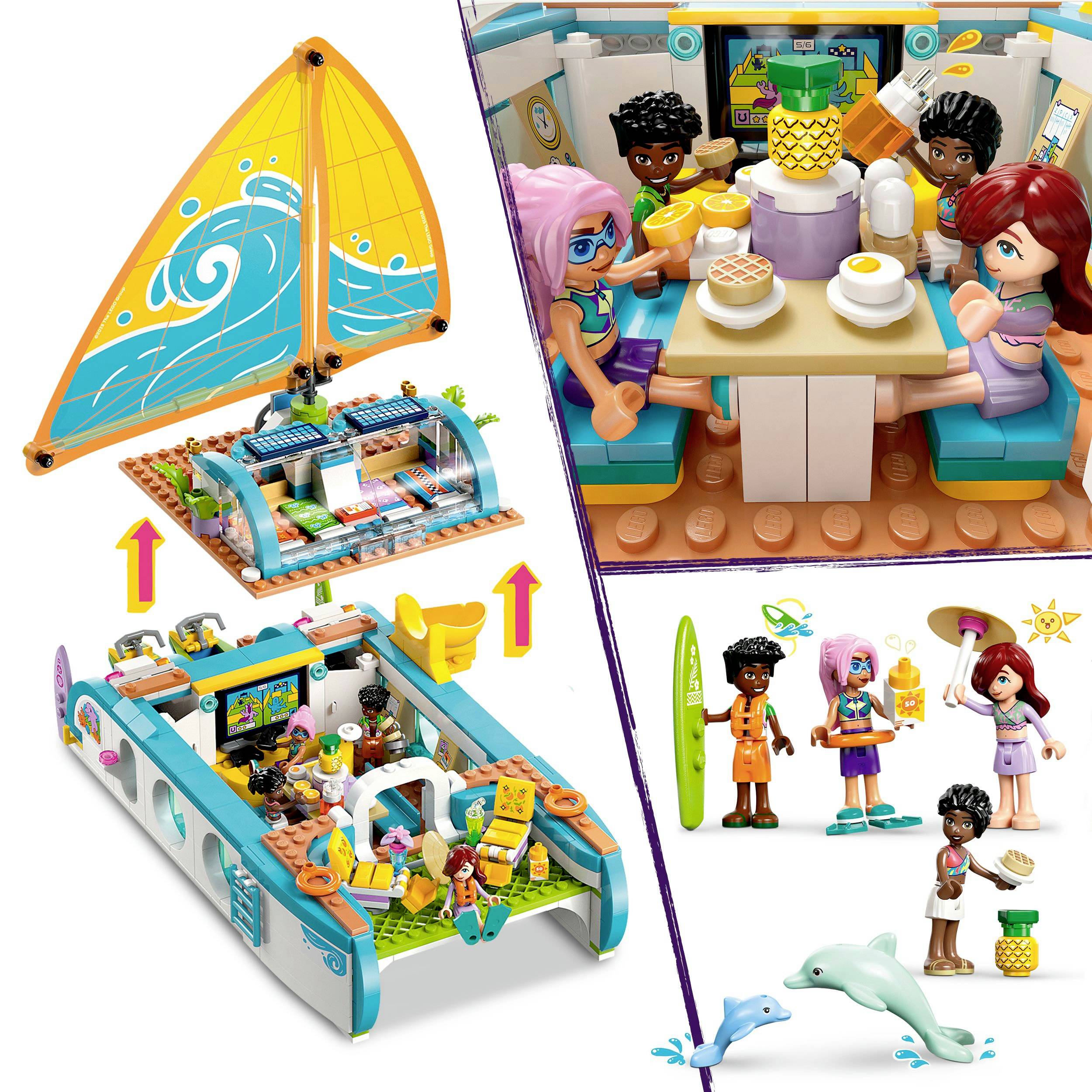 Een speelgoedset met figuren, speelhuis en kleurrijke accessoires. Scènes tonen vrijetijdsactiviteiten op een boot en op het strand.