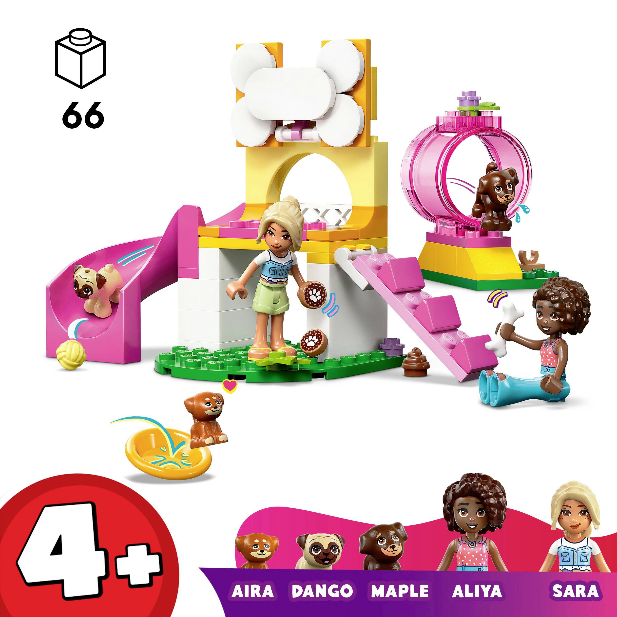 Meerkleurige LEGO-speelscène met figuren en dieren die spelen op een klimrek. Leeftijdsaanduiding: '4+'.