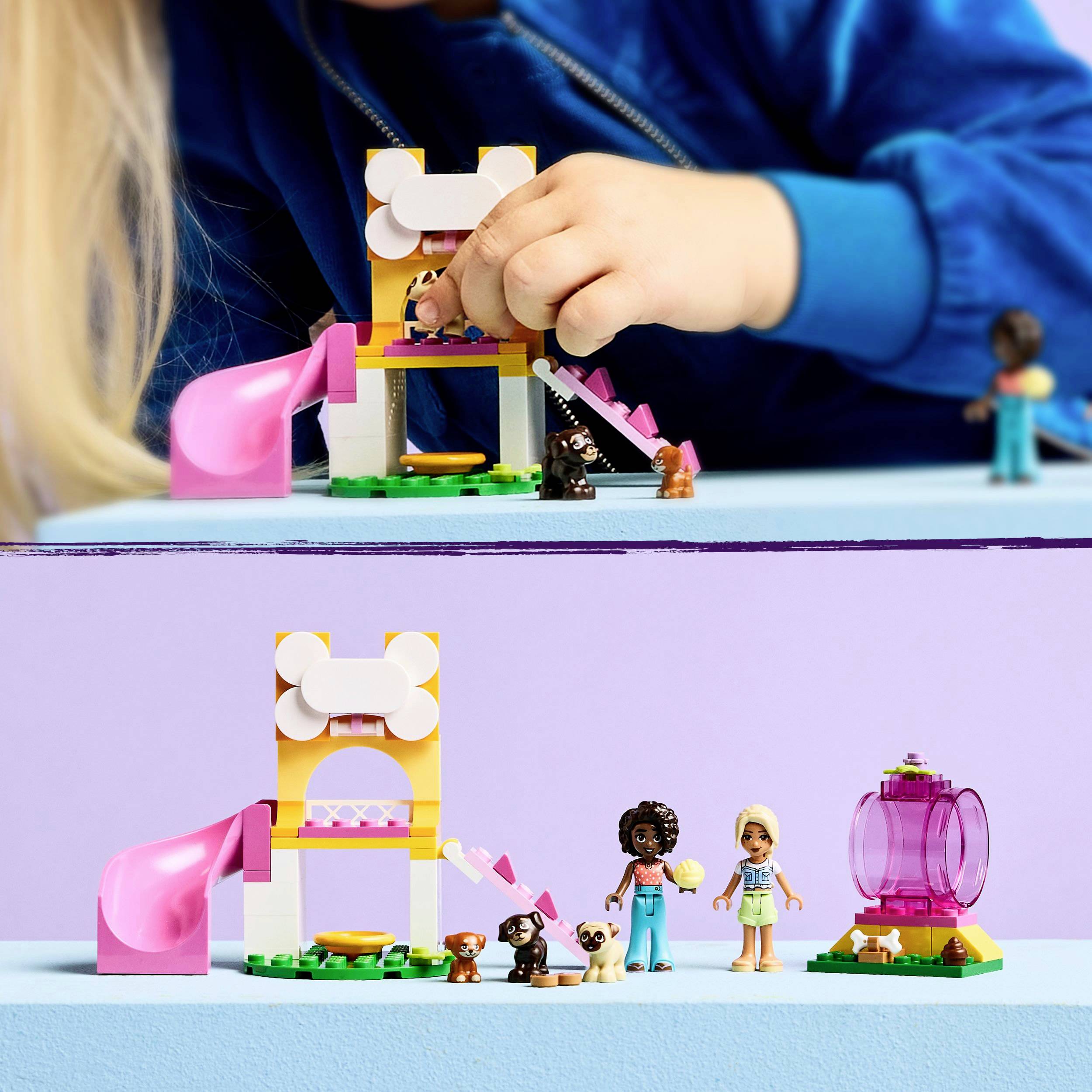 Een kind speelt met een speelgoedset die kleurrijke figuren, een glijbaan en torens bevat. Een creatieve speelsituatie wordt weergegeven.