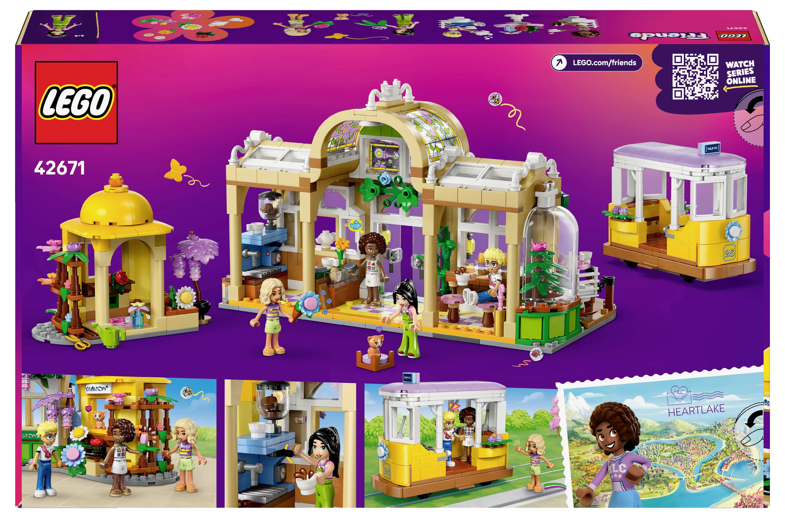 LEGO-Set 'Heartlake City Park': Speelscène met figuren in een parkcafé en plantenhoek. Bevat kleurrijke gebouwen en accessoires.