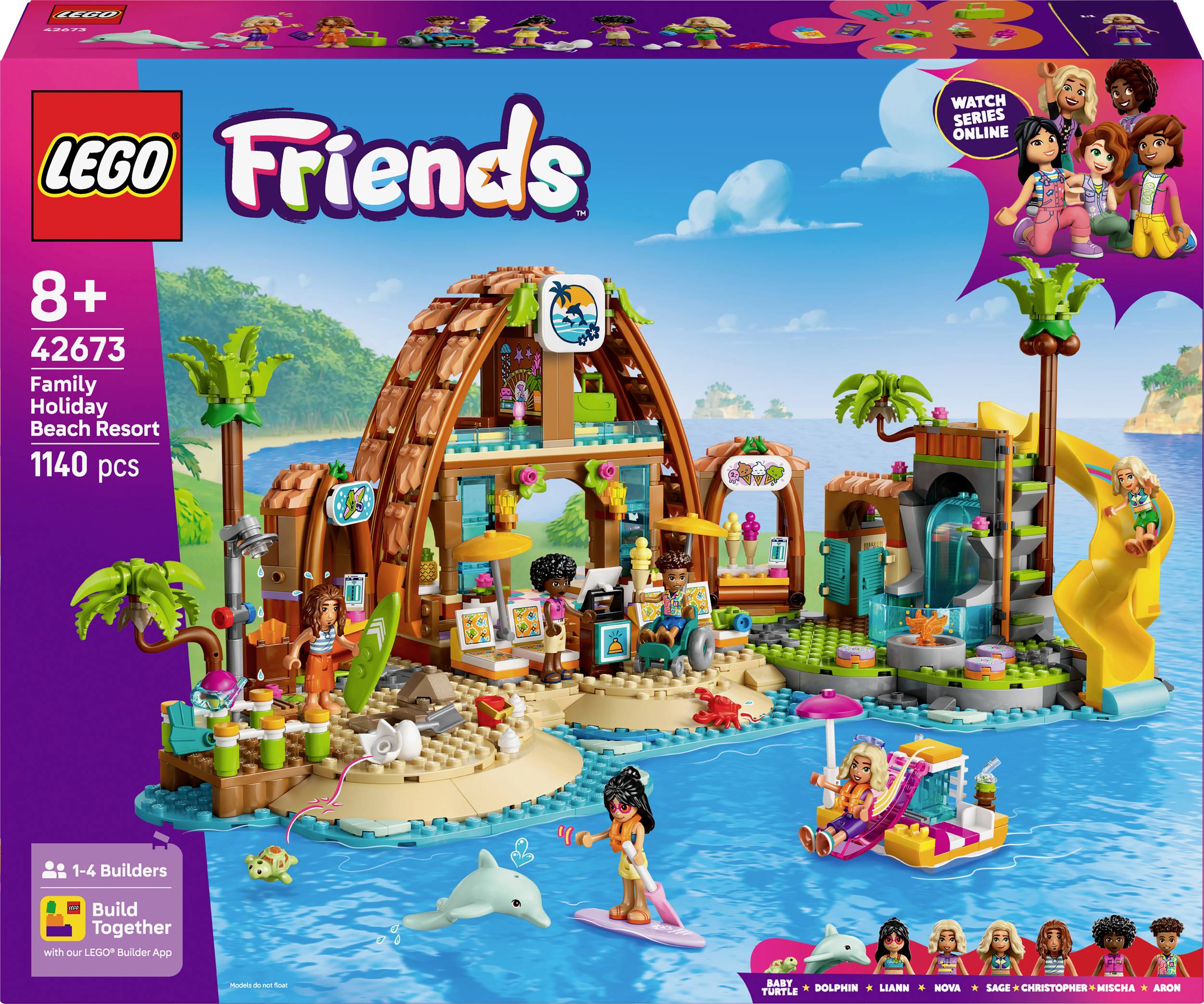 LEGO-Set 'Family Holiday Beach Resort' voor kinderen vanaf 8 jaar, met strand, zwembad en figuren; bevat 1140 onderdelen.