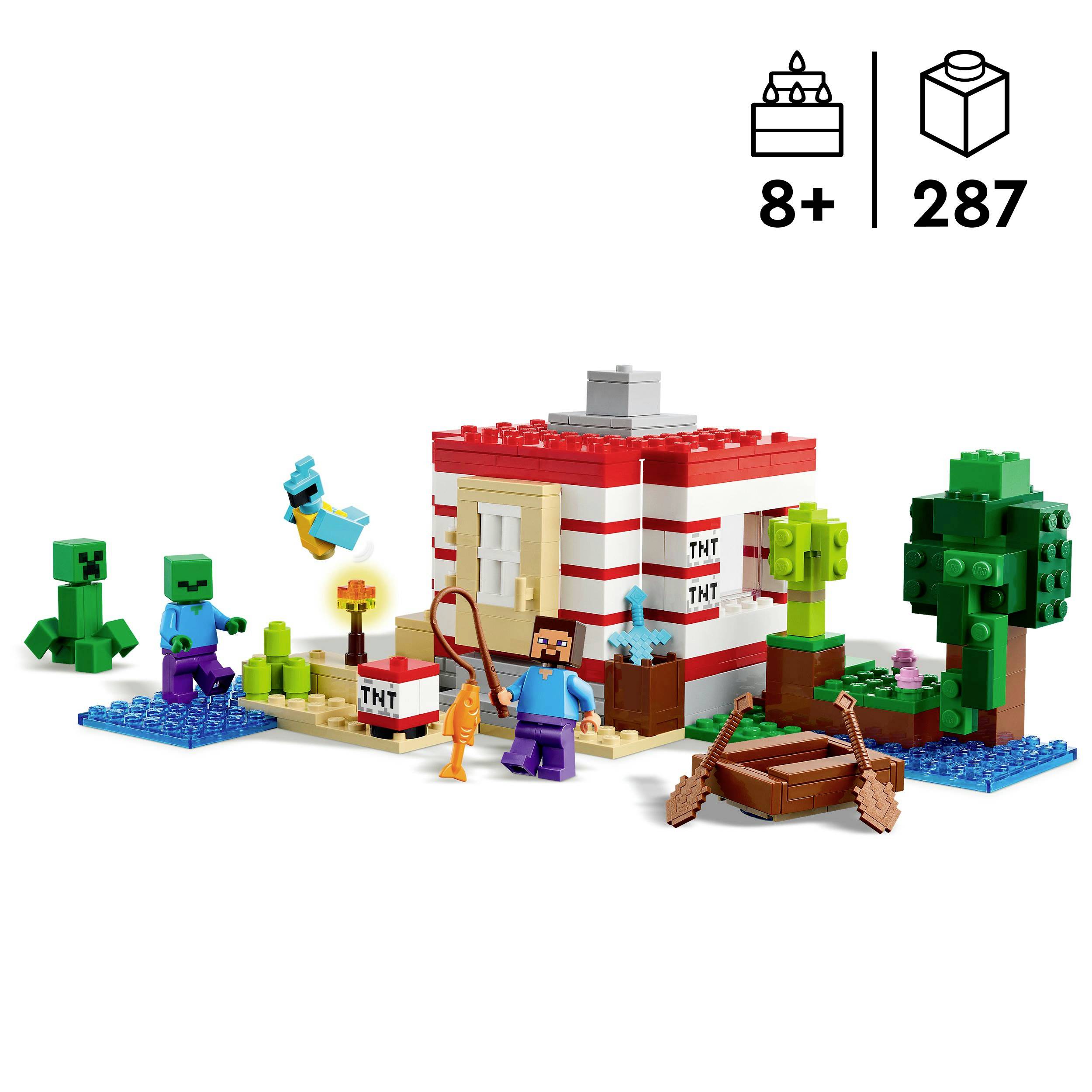 Een LEGO-bouwset met figuren, boom en klein huis. Geschikt voor kinderen vanaf 8 jaar. Set bevat 287 onderdelen, waaronder 'TNT'-bord.