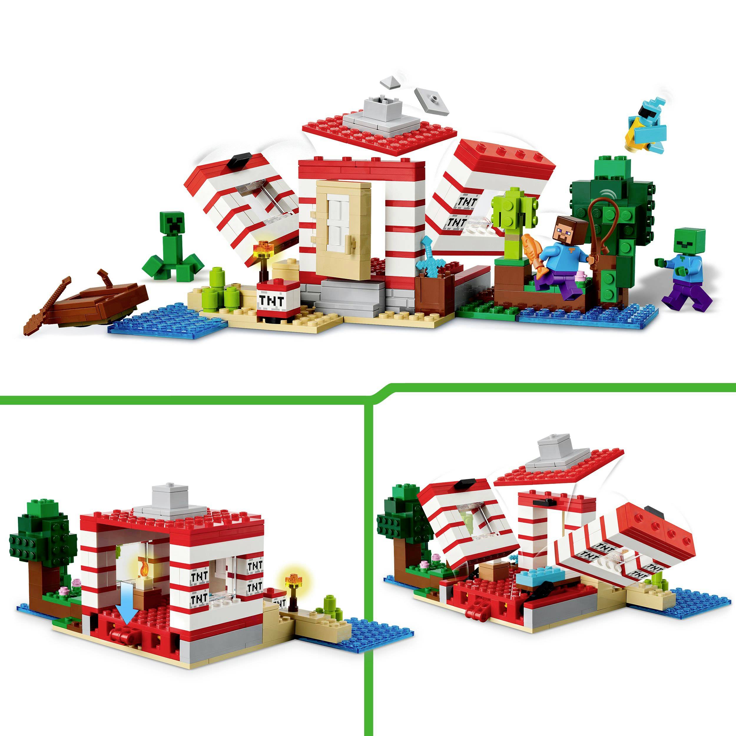 Legoset bestaande uit een TNT-huis en Minecraft-figuren, waaronder Creeper en Steve. Bevat boot en planten, geïnspireerd door Minecraft.
