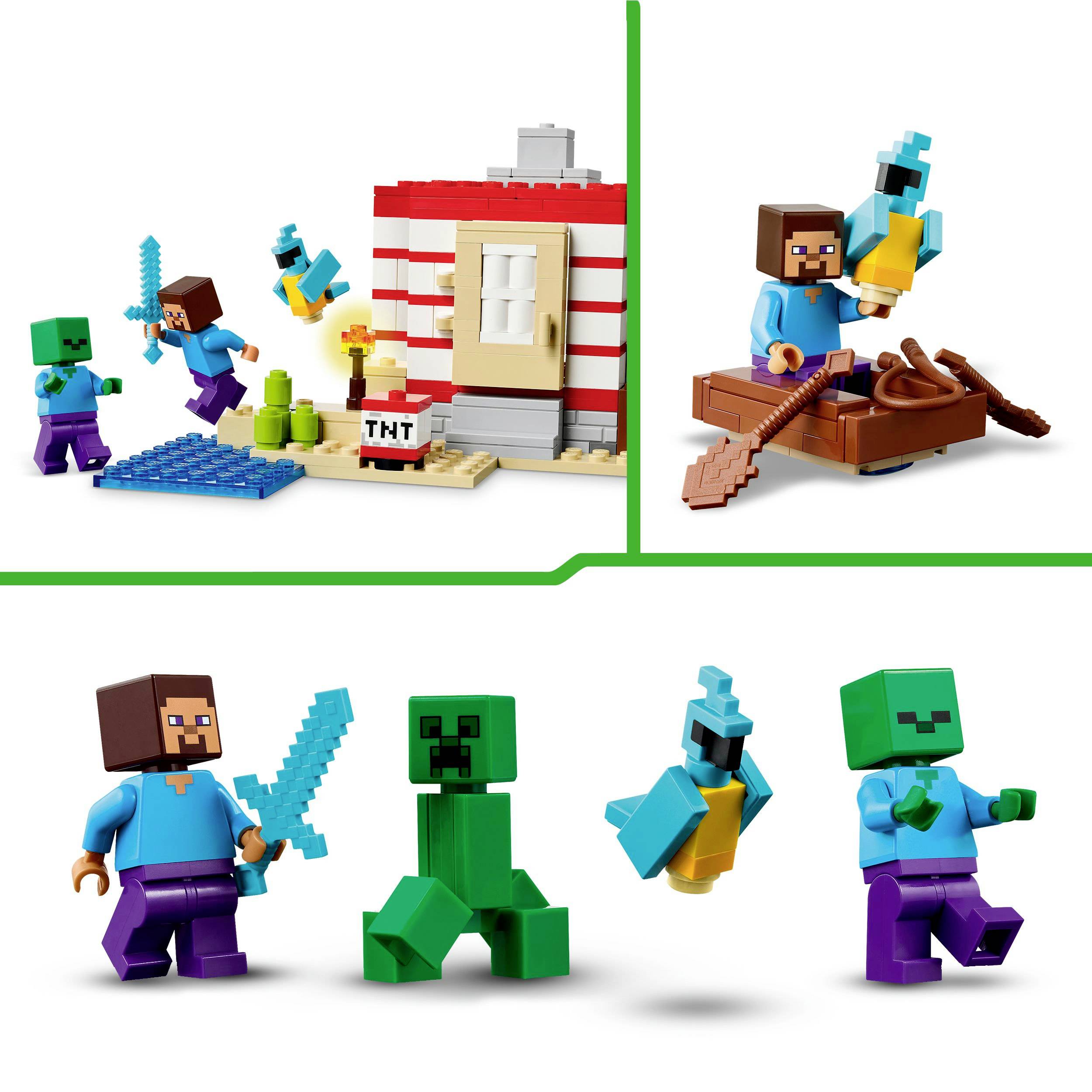 LEGO Minecraft-speelset toont figuren die vechten tegen wezens en aan het vissen zijn. Bevat Steve, Zombie, Creeper en papegaai.