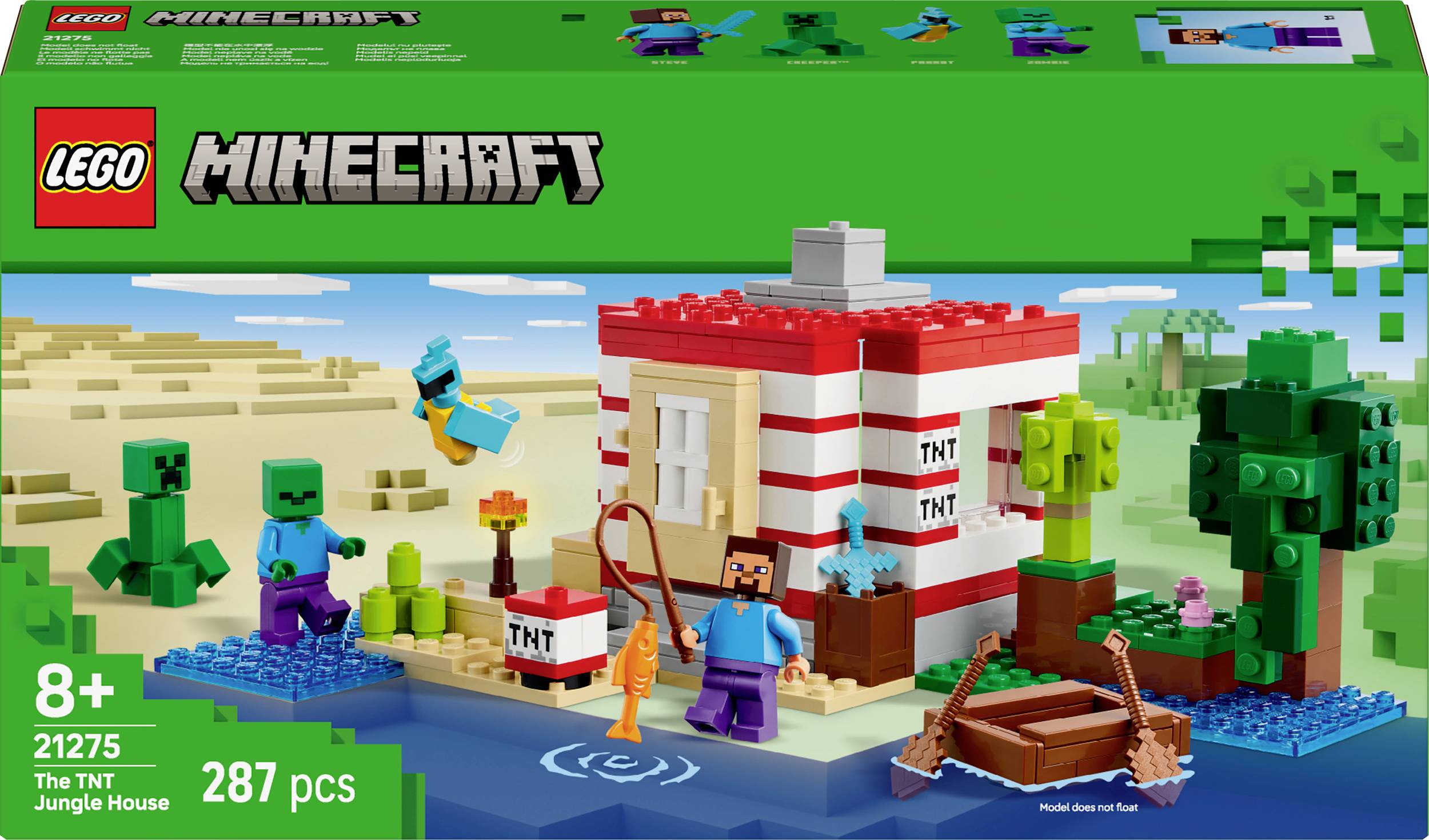 LEGO Minecraft-set 'Het TNT-Junglehuis' toont een figuur met hengel, een huis van rode en witte stenen en dieren in de jungle.