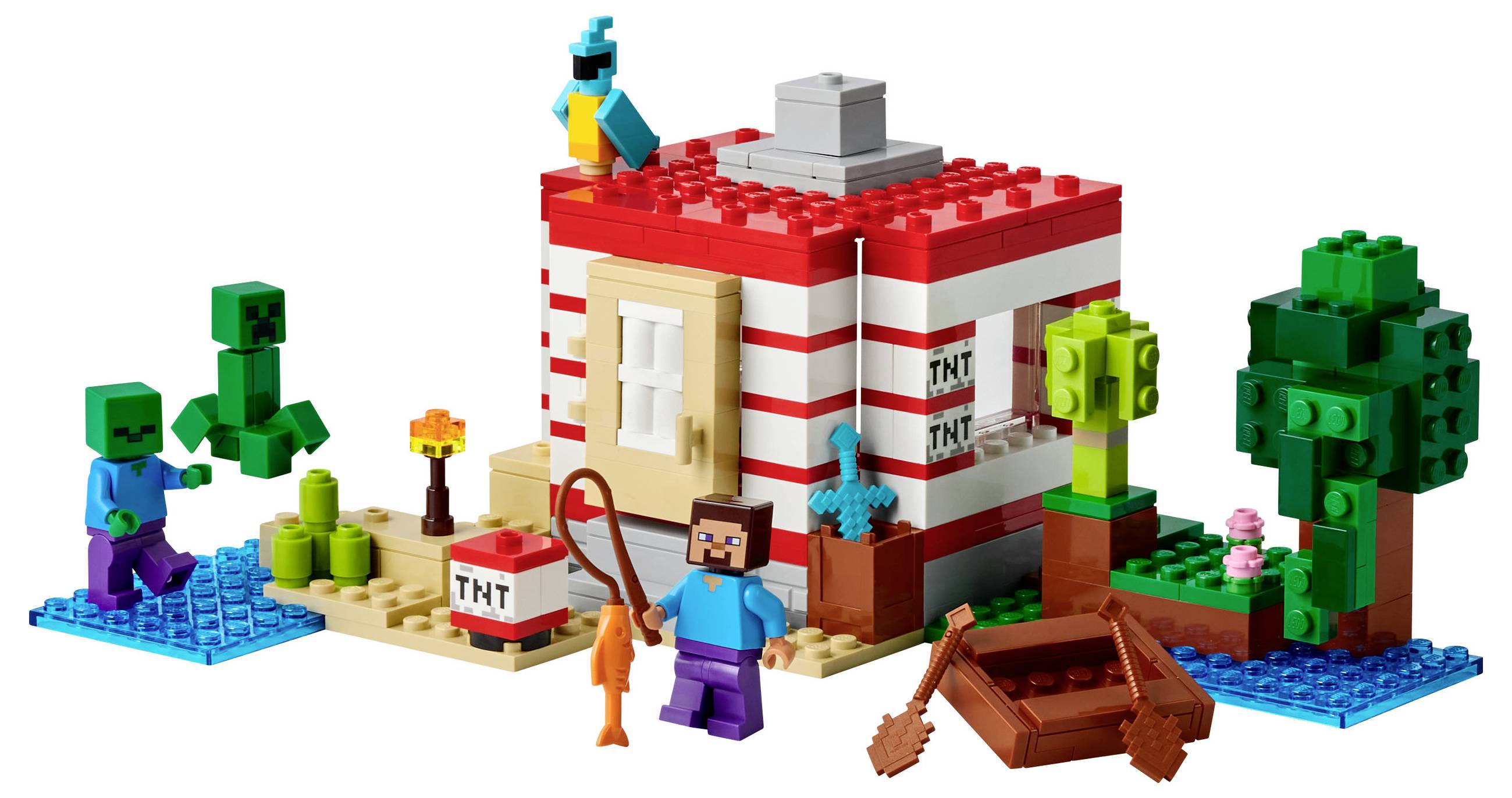 Een kleurrijke Lego-scène met een blokhut, figuren en bomen in Minecraft-stijl. Een figuur houdt een hengel vast, daarnaast een TNT-blok.
