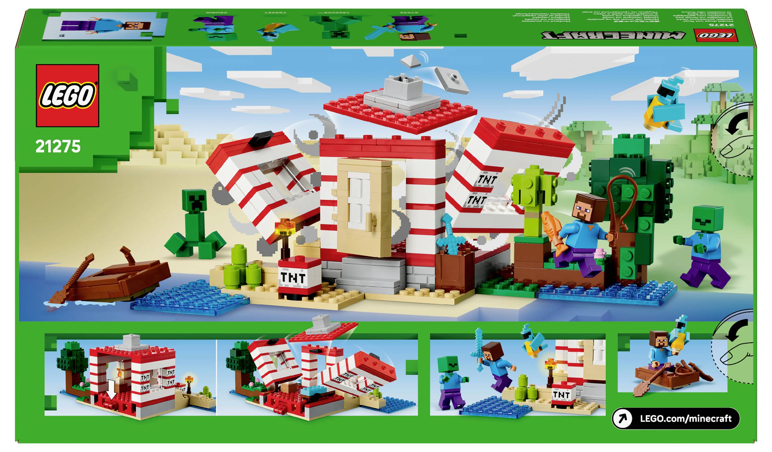 De verpakking toont een Lego-Minecraft-set met een rode hut, figuren, TNT-blokken en een boot bij het water, omgeven door landschap.