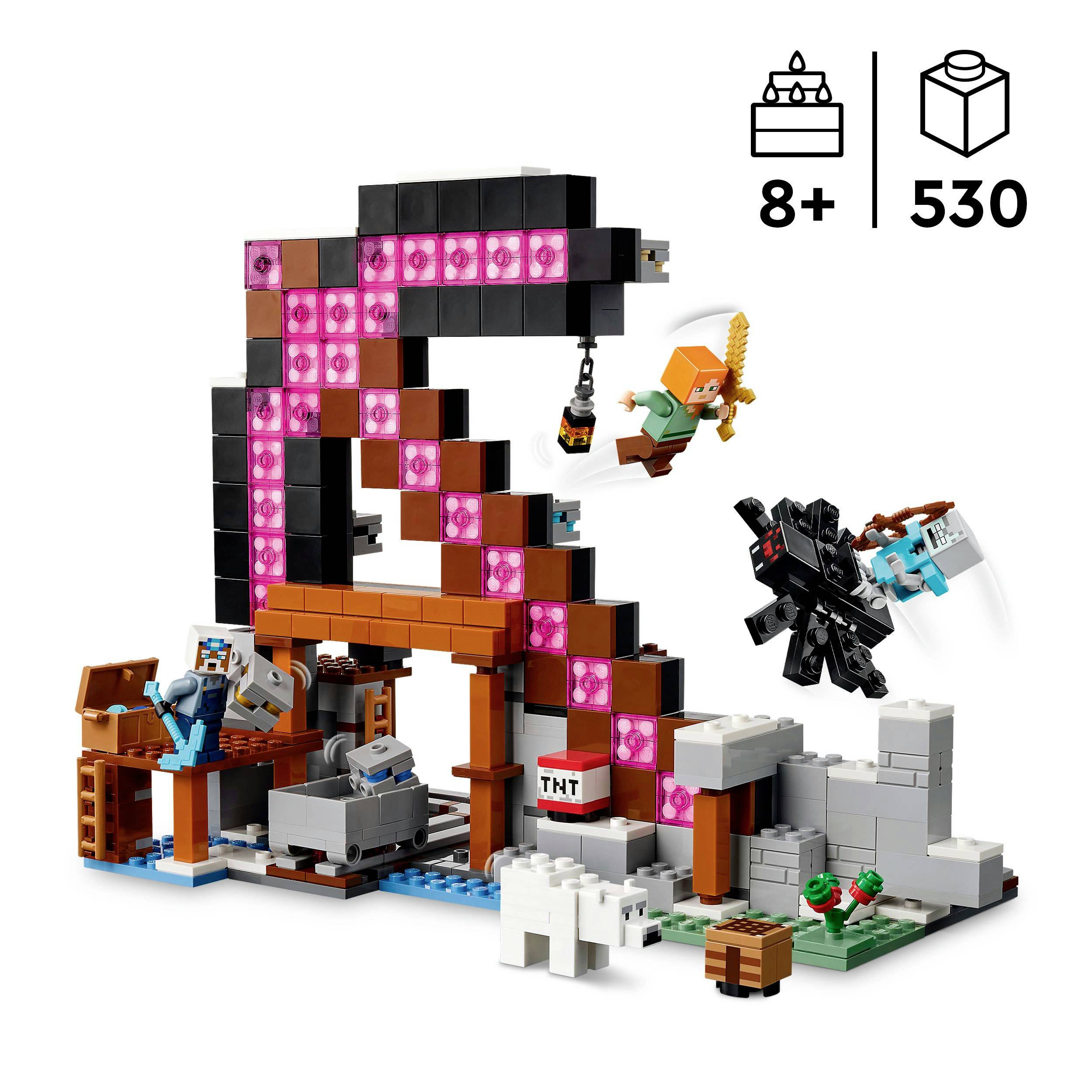 Lego Minecraft-set met 530 onderdelen, bouwplaats met fakkels, TNT en figuren. Geschikt voor kinderen vanaf 8 jaar.