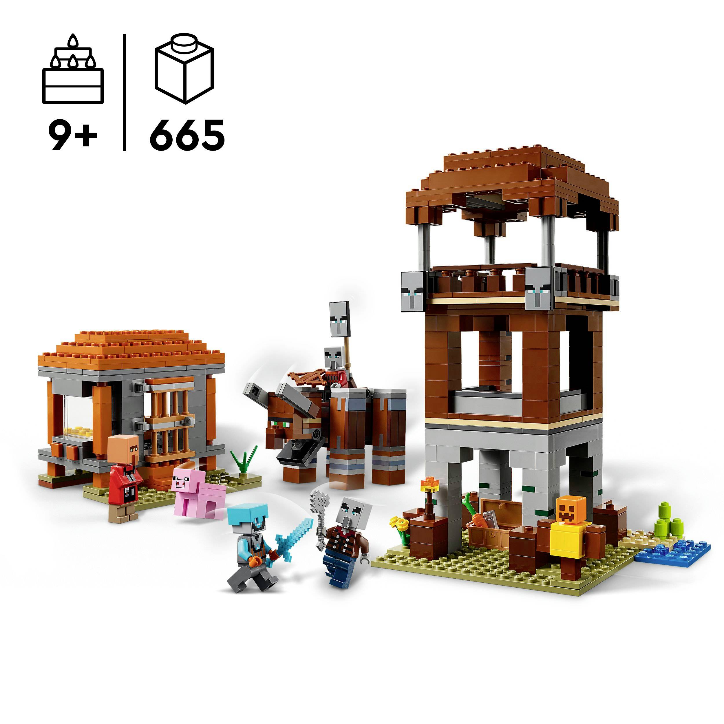 LEGO-bouwset vanaf 9 jaar met 665 onderdelen toont Minecraft-scène met huis, toren, figuren en dieren.