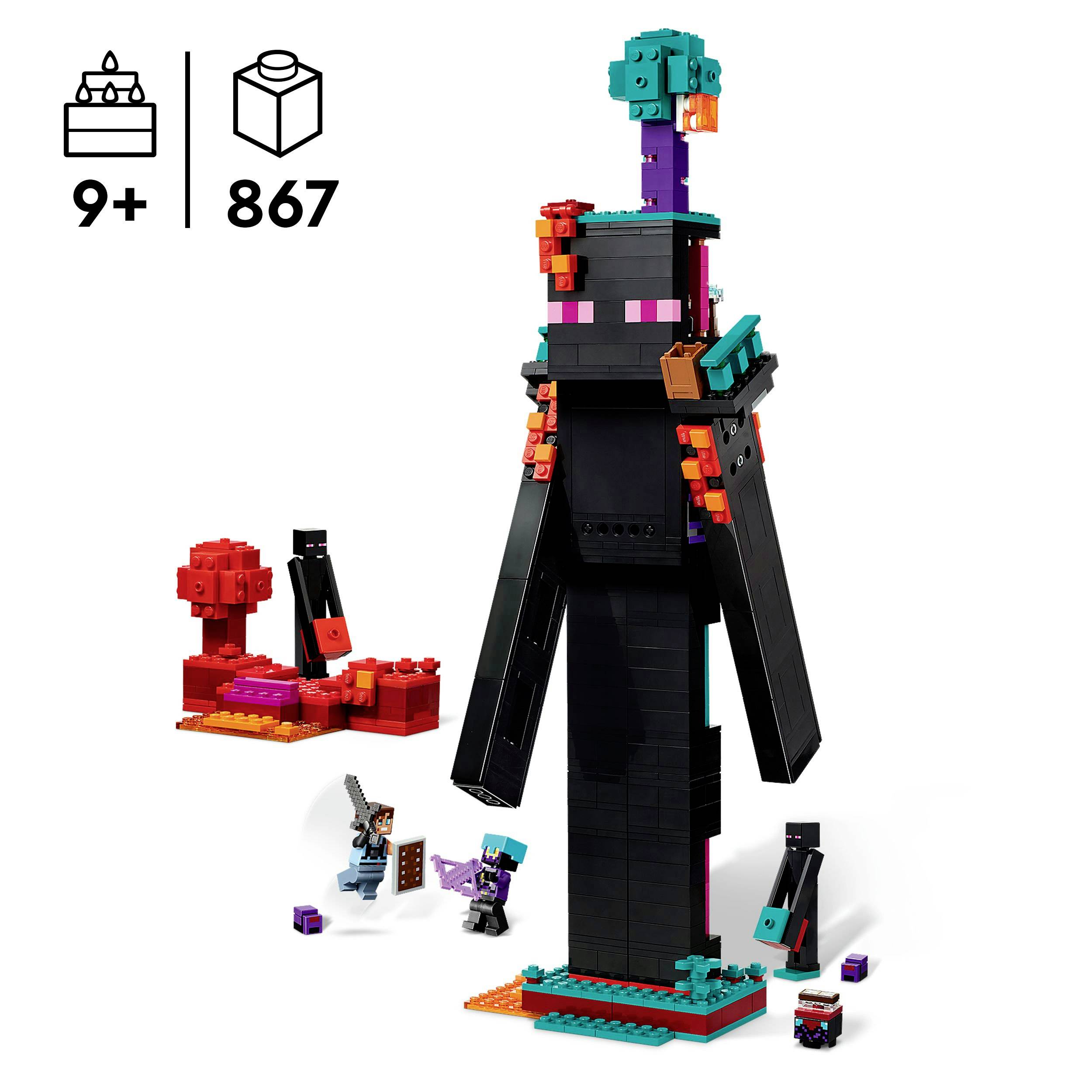 Een LEGO-set met 867 onderdelen, geschikt voor kinderen vanaf 9 jaar, toont een grote figuur en kleine bouwbare figuren in Minecraft-design.